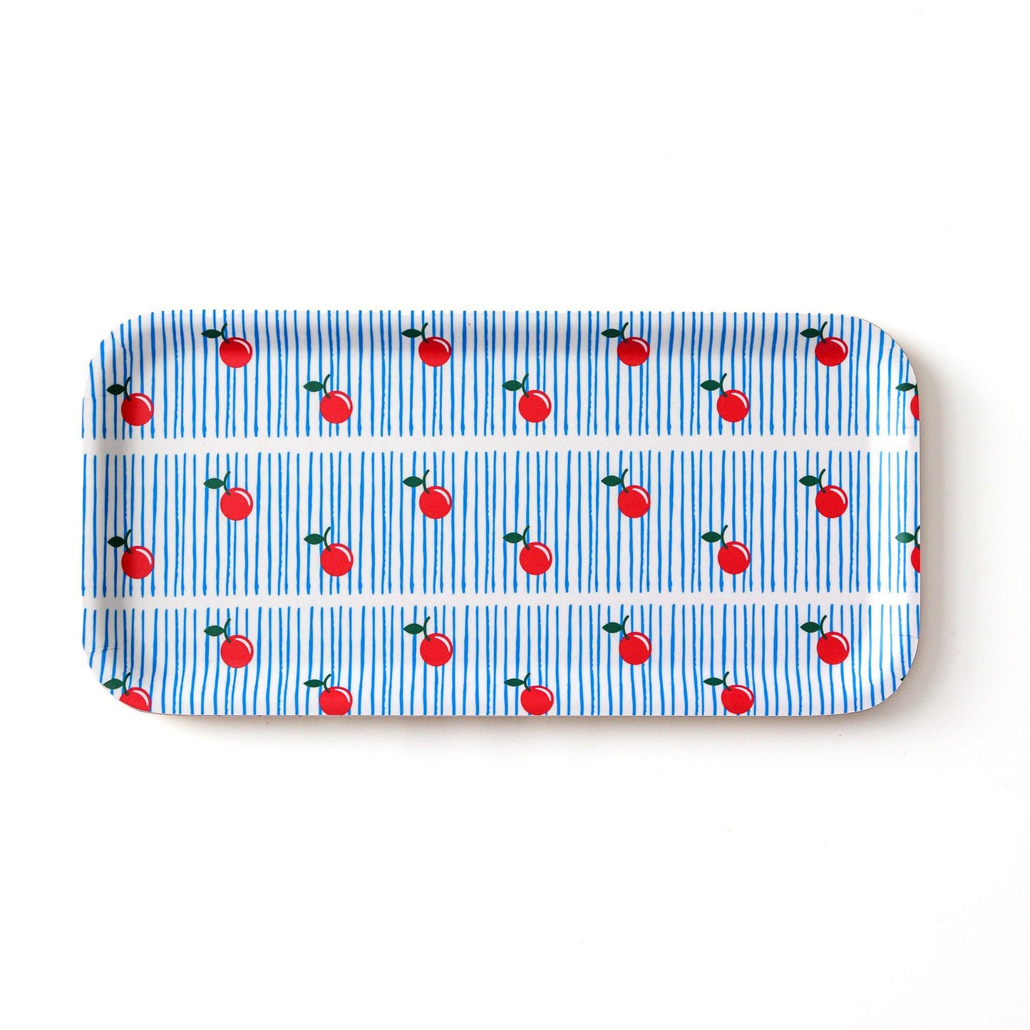 Rectangular birch tray with modern design featuring blue vertical stripes and red cherry pattern, ideal for serving snacks or adding colorful decor to any room