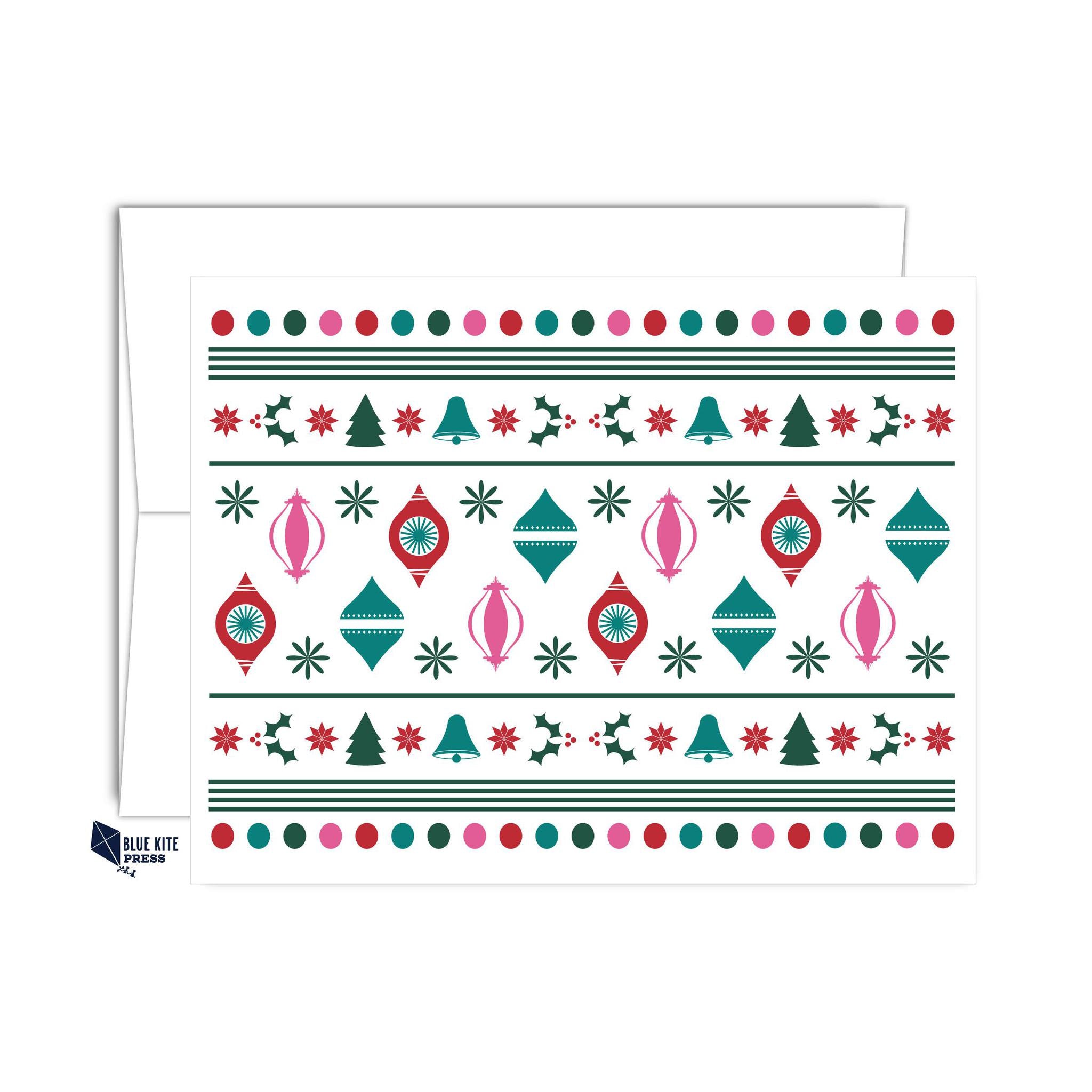 Christmas Note Card Set vintage Christmas design with modern ornaments trees 8 cards and envelopes festive stationery