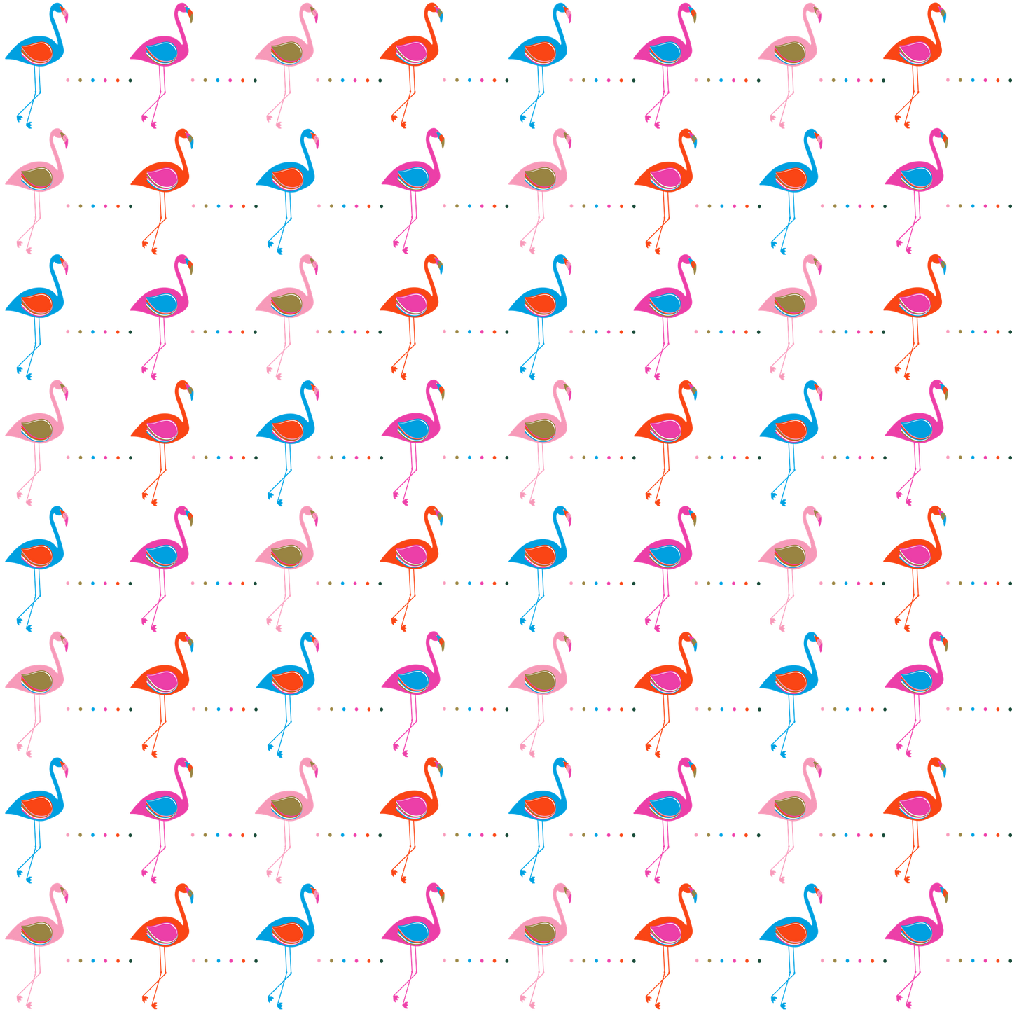 Colorful flamingo pattern featuring pink, blue, and tan flamingos standing in rows on a white background with dotted lines, perfect for a modern tropical-themed birch tray design