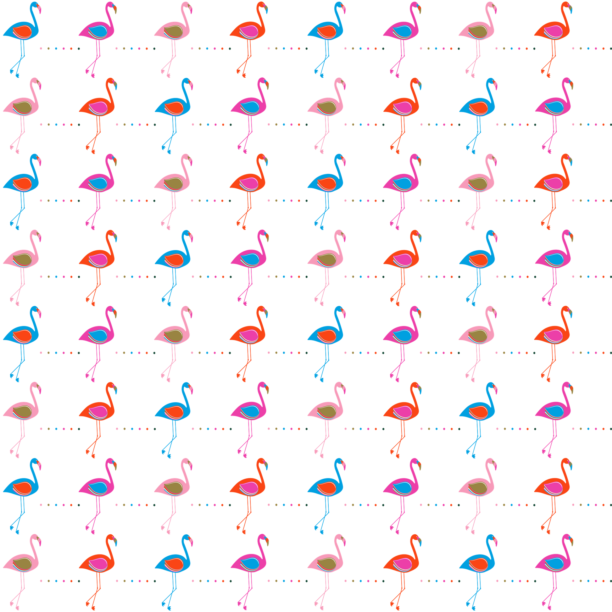 Colorful flamingo pattern featuring pink, blue, and tan flamingos standing in rows on a white background with dotted lines, perfect for a modern tropical-themed birch tray design