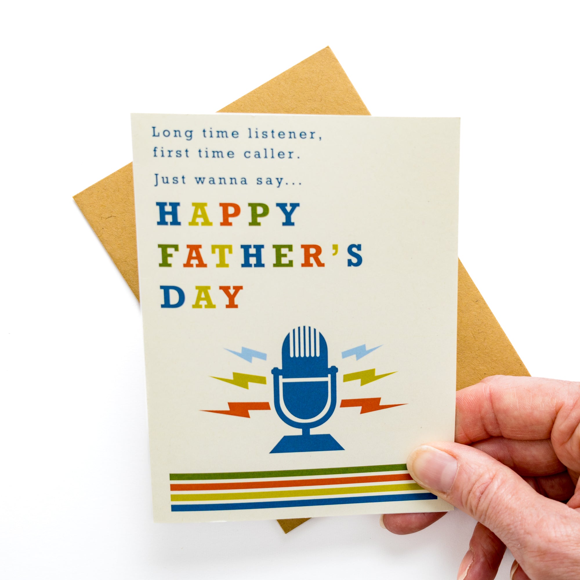 Father's Day Card Sports Radio Fan Long Time Listener with retro microphone and colorful text design.