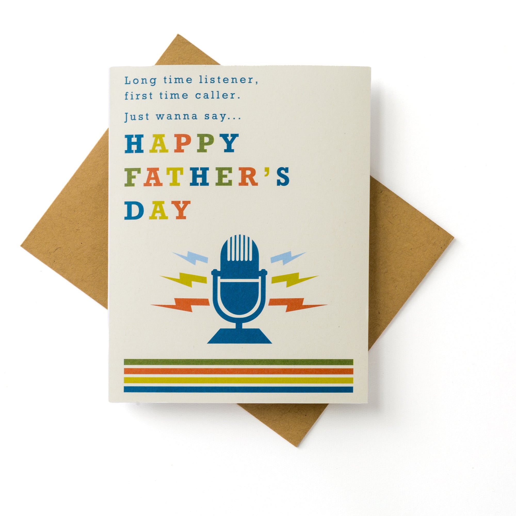 Father's Day Card Sports Radio Fan Long Time Listener with vintage microphone and colorful text on cream background.
