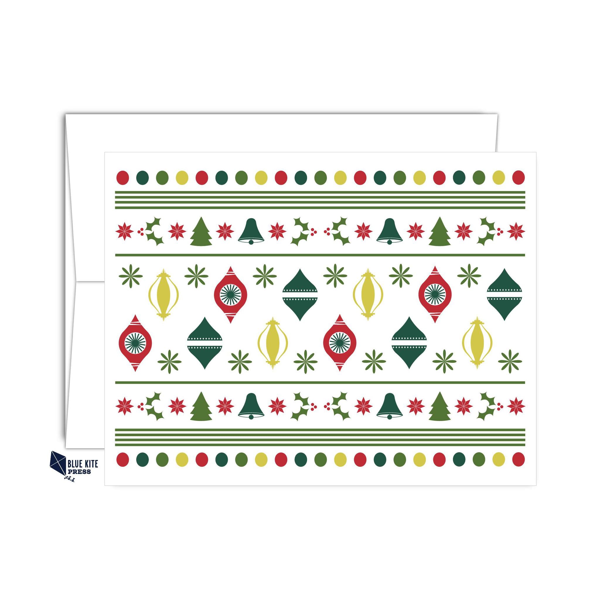 Christmas Note Card Set Vintage Christmas with 8 cards and envelopes featuring modern ornaments and trees design.