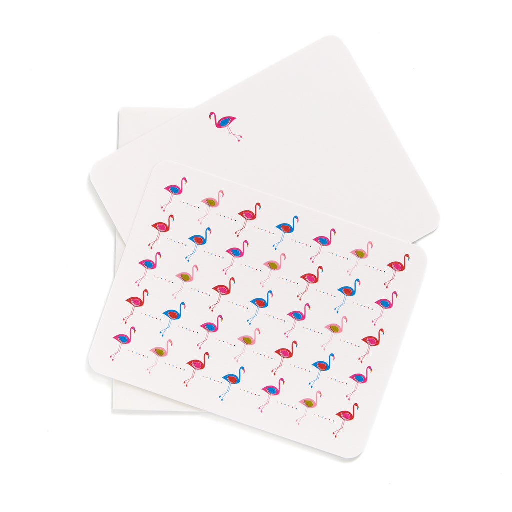 Set of six flat cards featuring colorful flamingo patterns with coordinating white envelopes on a white background.
