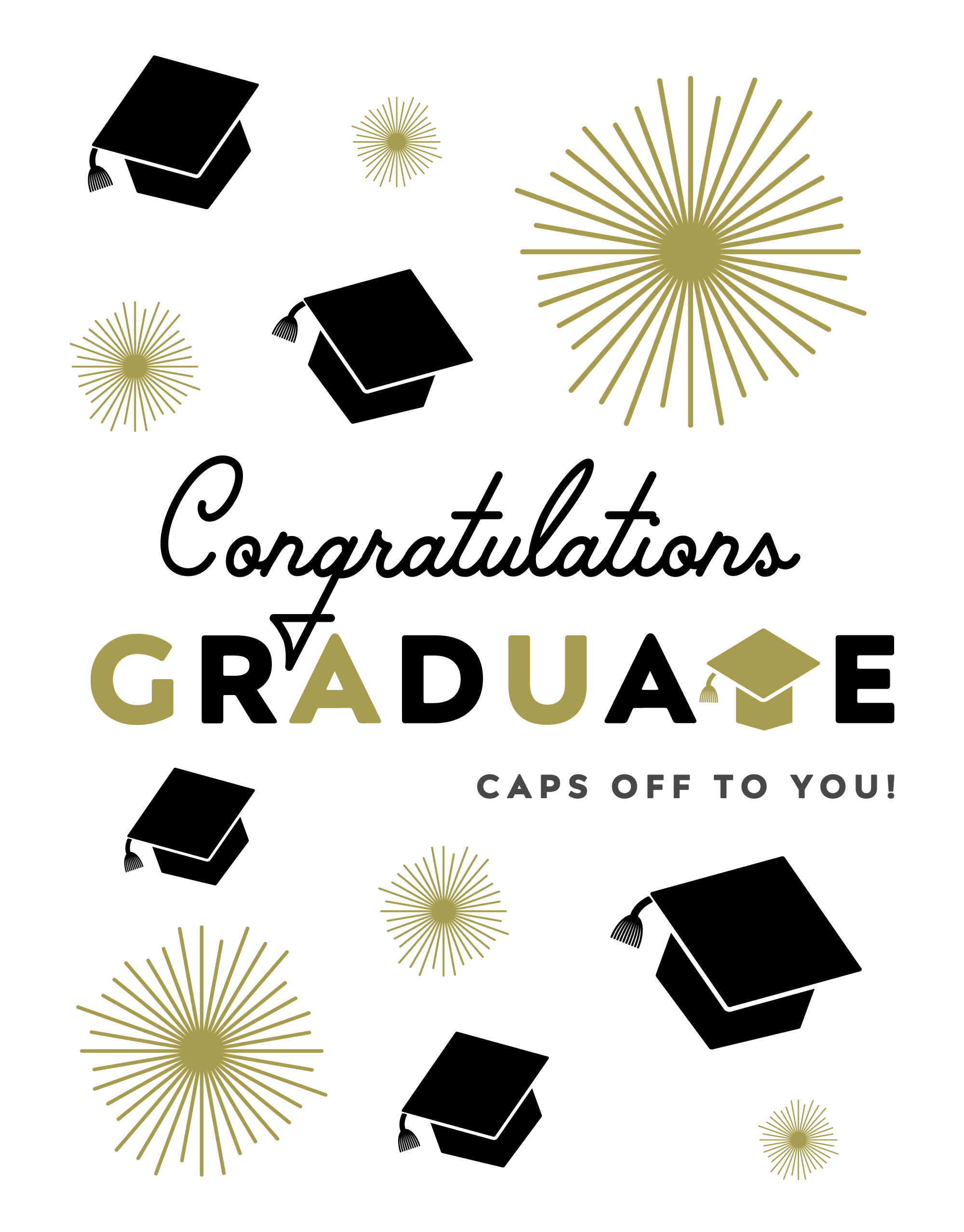 Graduation Card Congratulations Graduate Caps Off to You with gold starbursts and graduation cap design on black background.