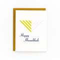 Hanukkah card with modern menorah design and "Happy Hanukkah" text, includes kraft envelope, blank inside.