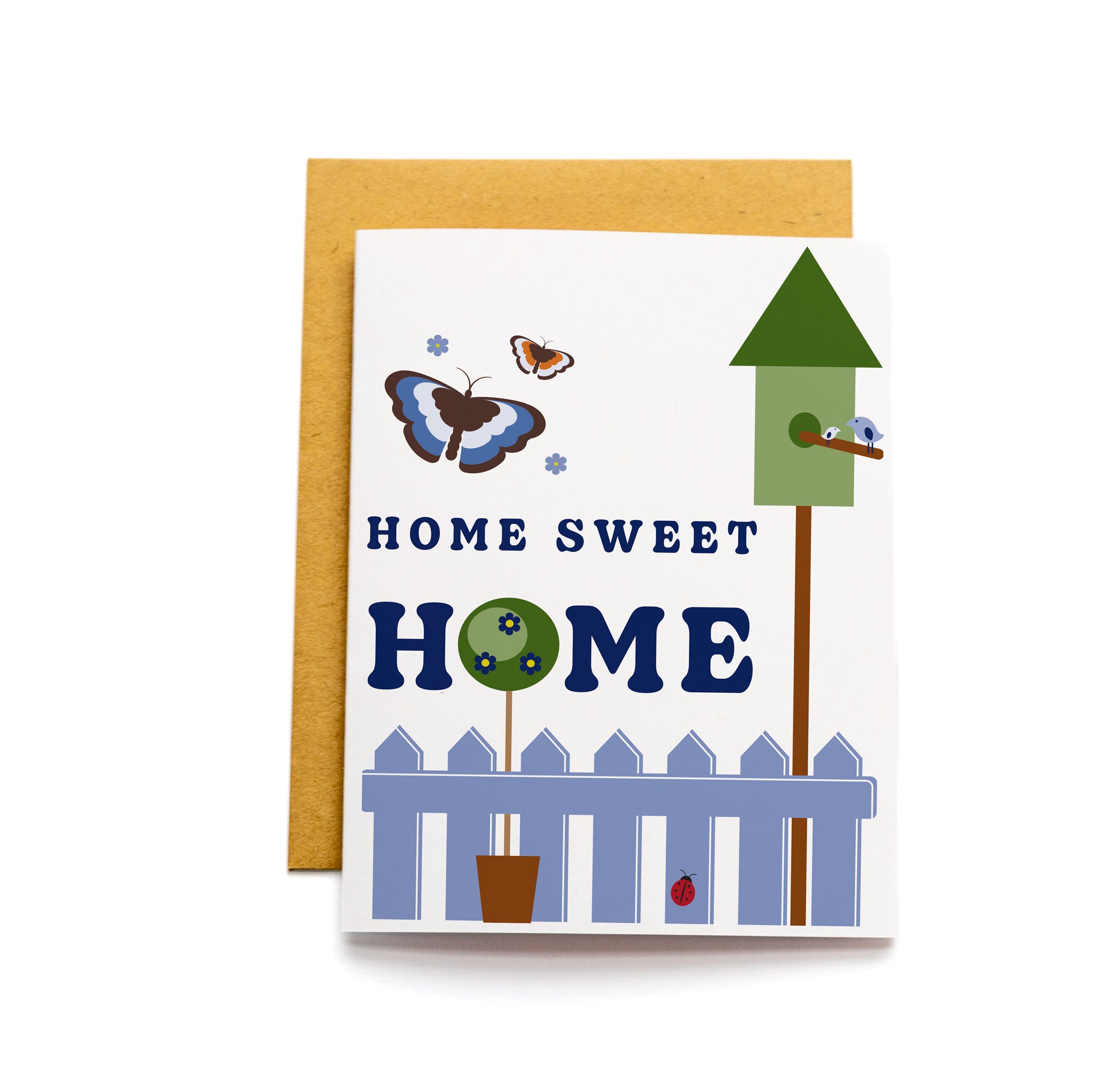 Home Sweet Home Card featuring a garden scene with butterflies, birdhouse, and white picket fence.
