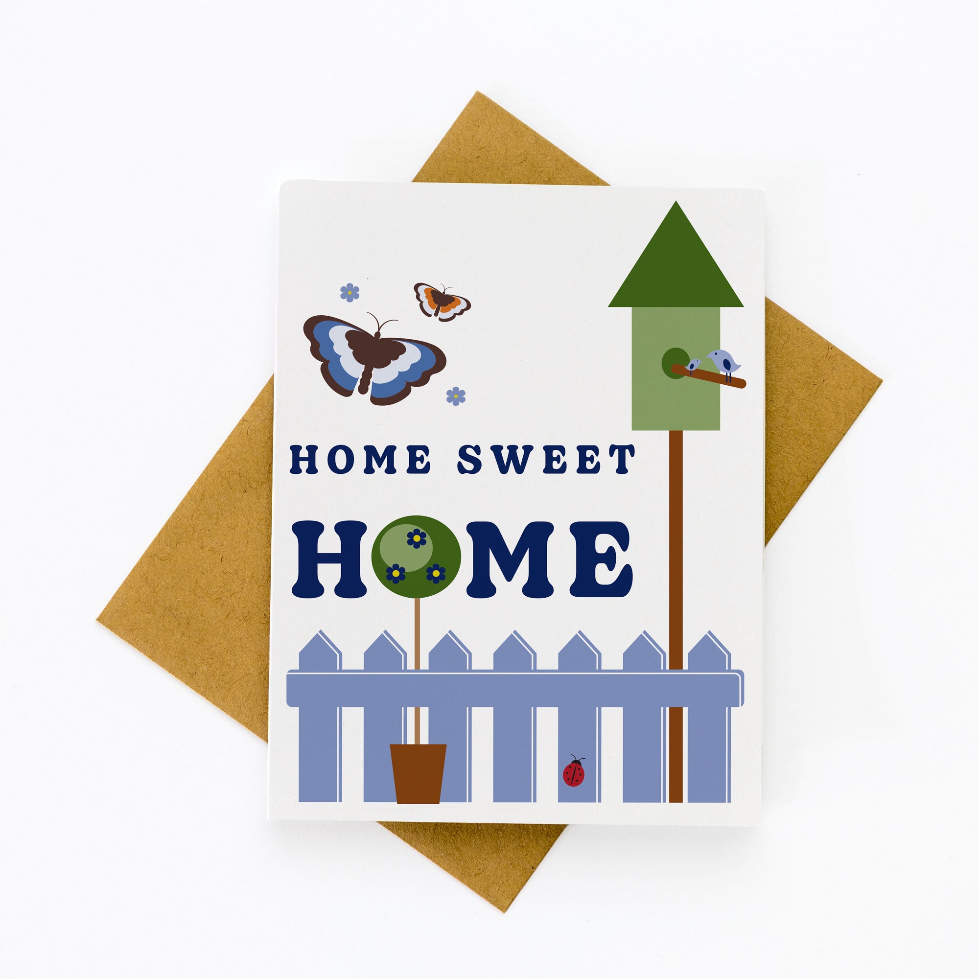 Home Sweet Home Card New Home Congratulations Garden Birdhouse with butterflies, birdhouse, picket fence, and blank inside.