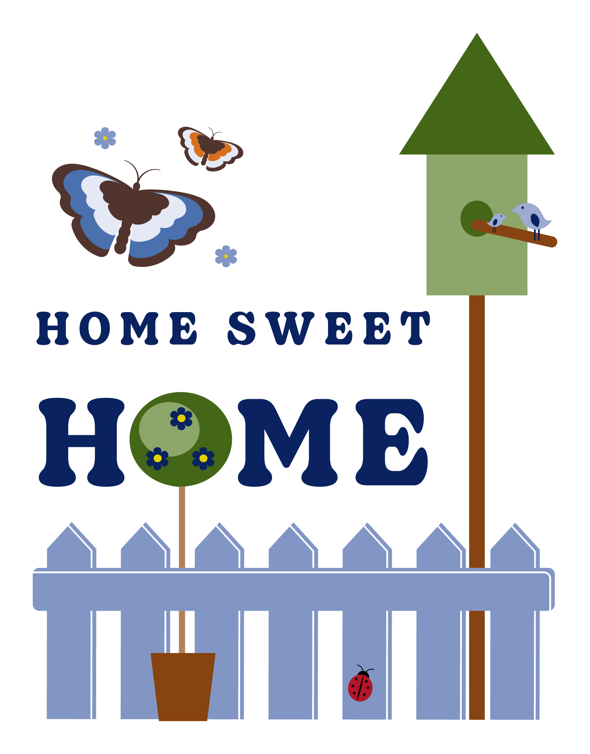 Home Sweet Home Card New Home Congratulations Garden Birdhouse with butterflies, birdhouse, picket fence, and garden scene.