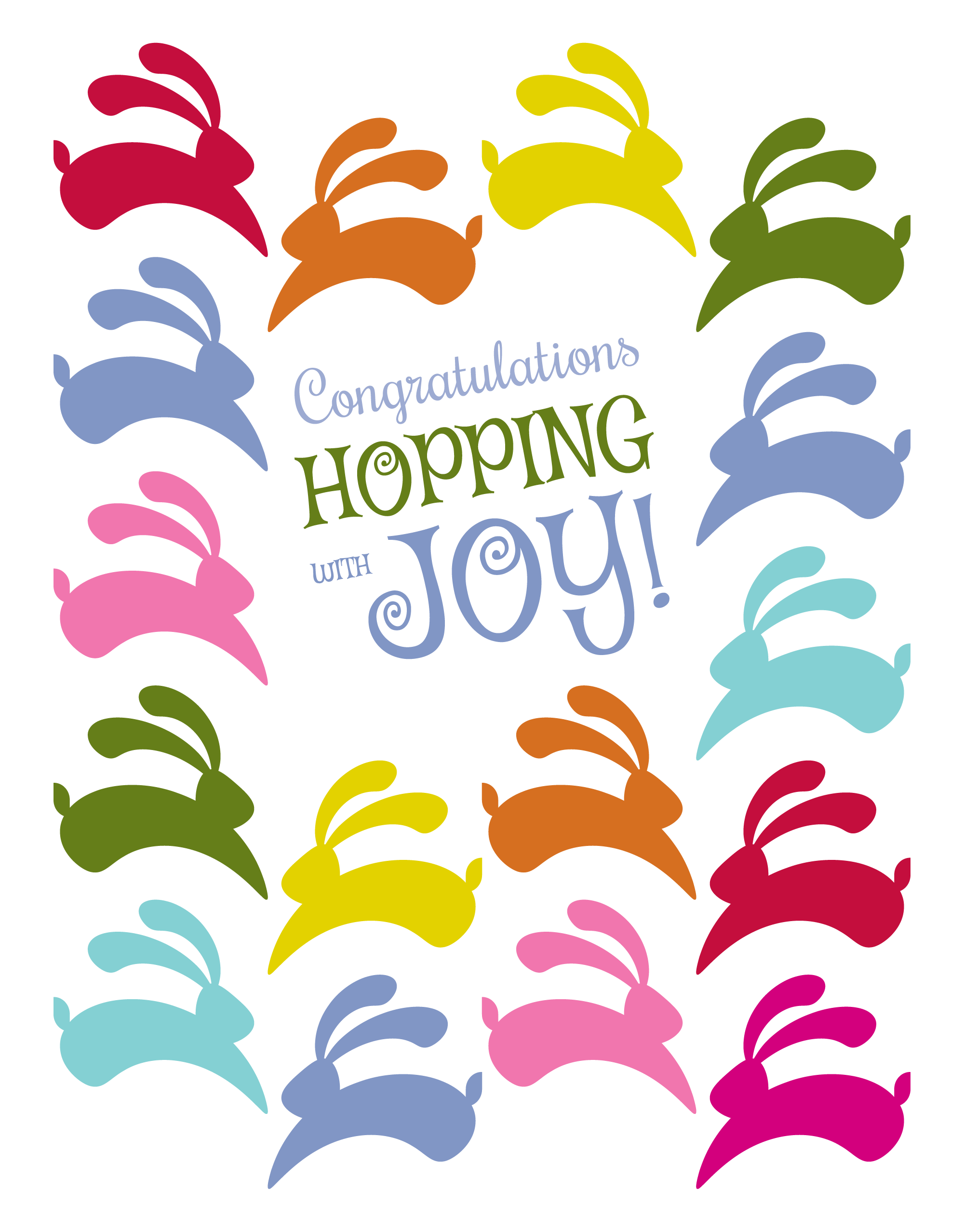 Bunny Bright Congratulations Card with colorful hopping bunnies and joyful Congratulations Hopping with Joy text.