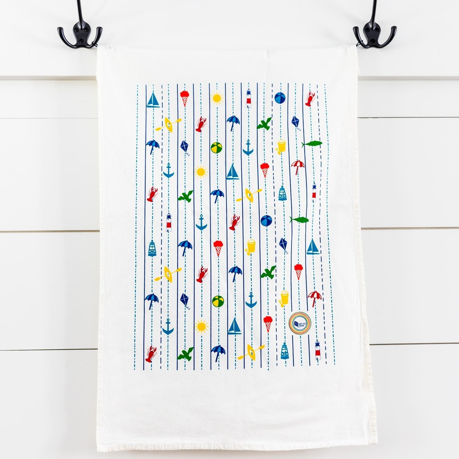 Seaside Tea Towel in White Flour Sack - Blue Kite Press