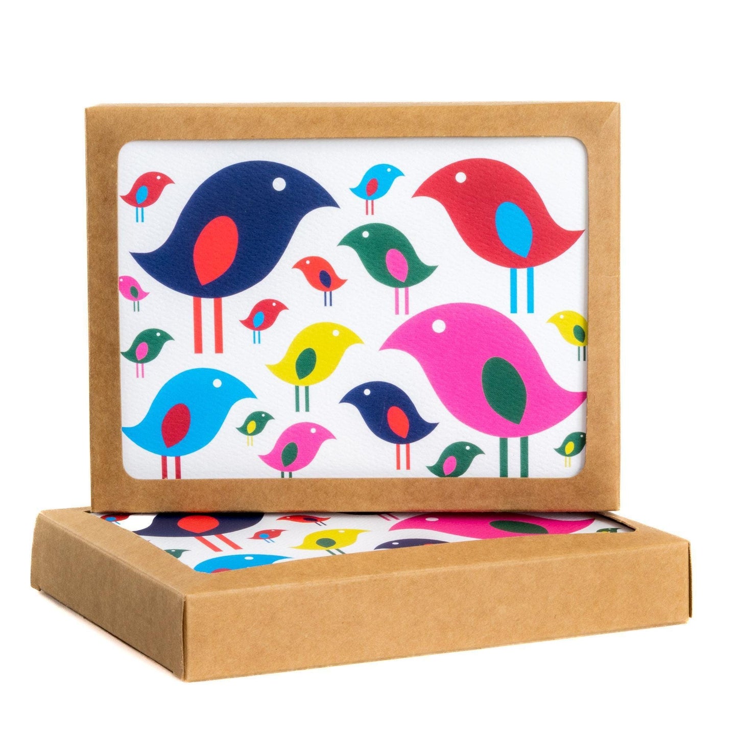 Colorful modern bird flock notecard set in kraft paper box, featuring stylized birds in various sizes and bright colors on white background, perfect for bird lovers and eco-friendly stationery enthusiasts