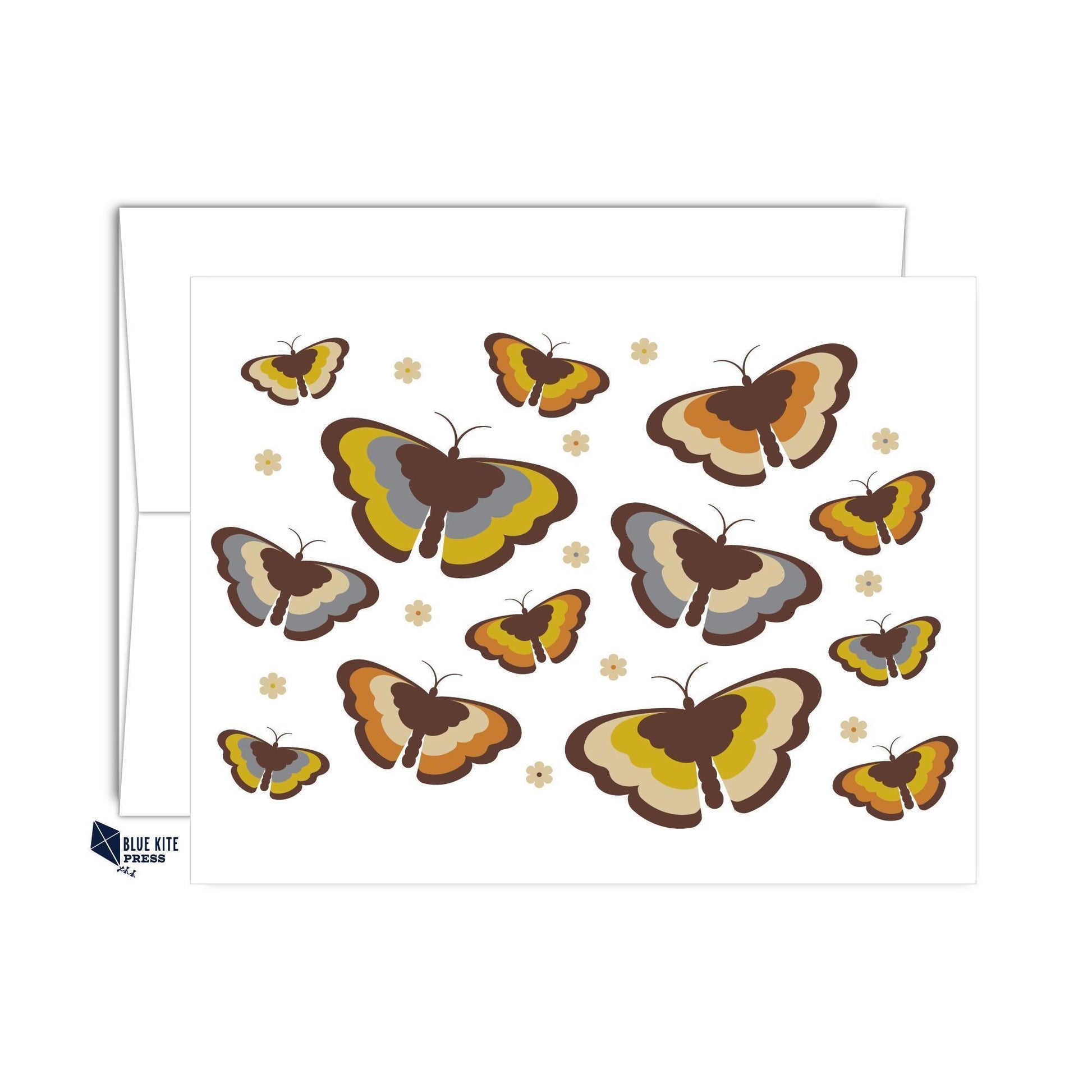 Butterfly notecard with 70s-inspired design featuring colorful butterflies and flowers on white background, accompanied by matching envelope, showcasing retro aesthetic and eco-friendly materials