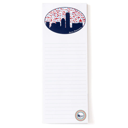 Boston skyline notepad featuring iconic Citgo sign silhouette against red and white background, with lined paper below for writing notes and ideas