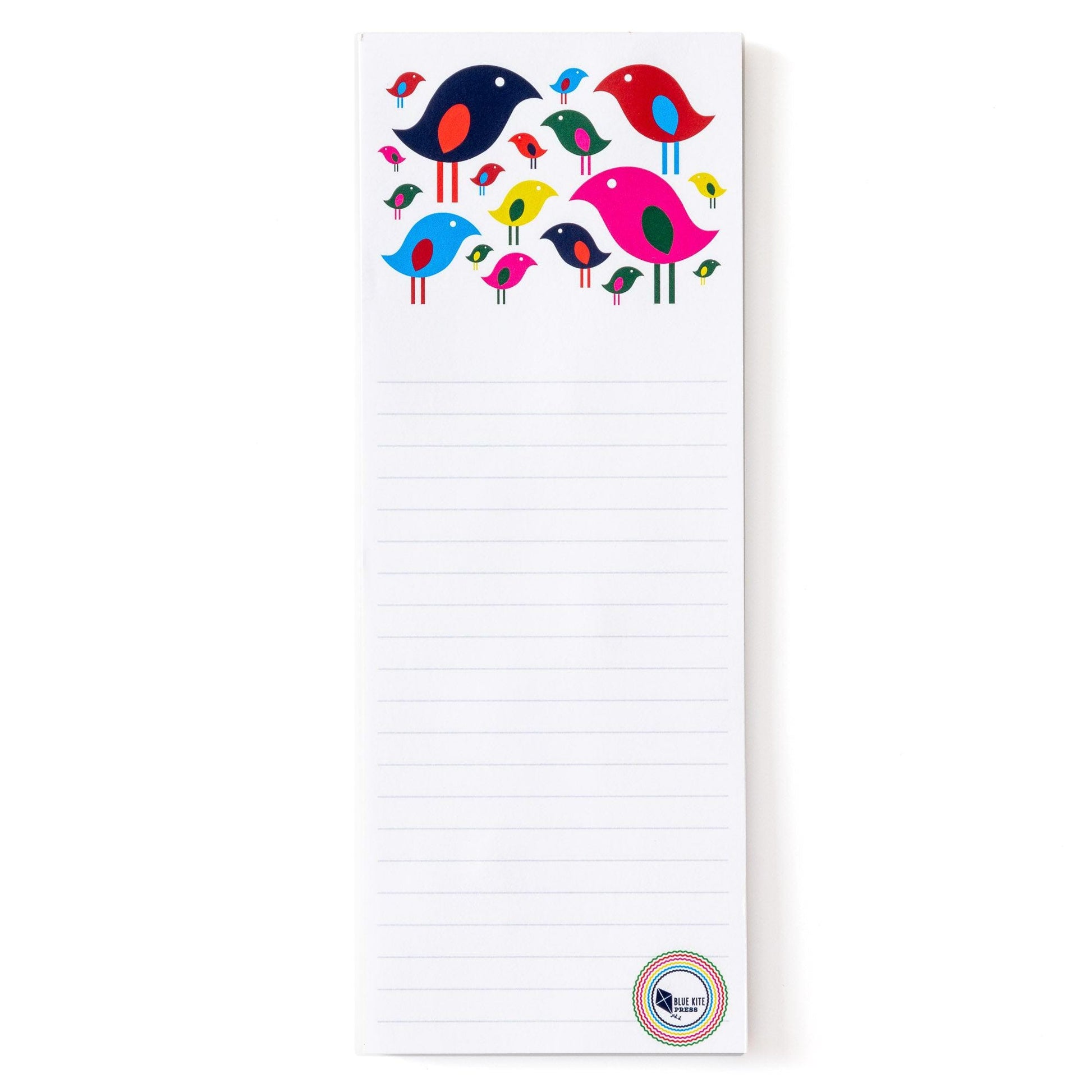 Colorful modern bird flock design notepad with lined pages, featuring stylized birds in vibrant hues atop a white background. 3x8 inch size, perfect for jotting down notes and ideas.