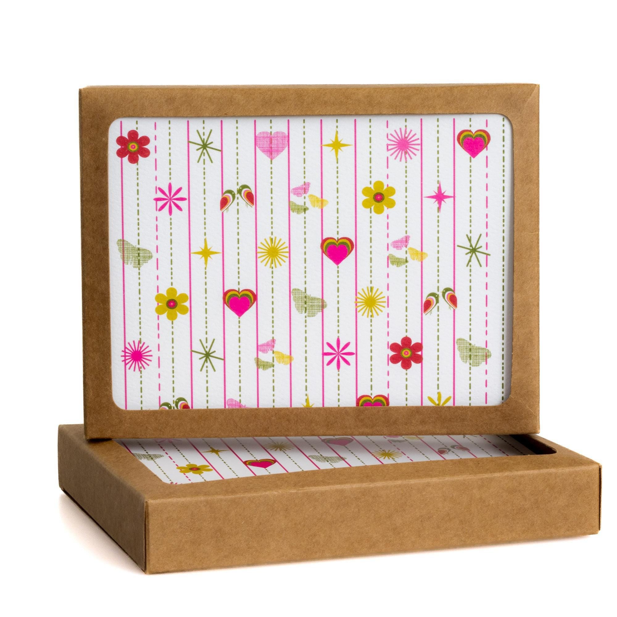 Pink Hearts & Flowers Notecard Set | Modern Pink and Green | 8 Notes and Envelopes | A2