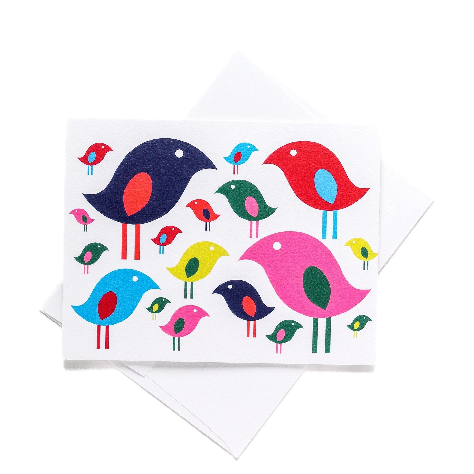 Colorful modern bird flock notecard featuring stylized birds in various sizes and bright colors on white background, with matching envelope