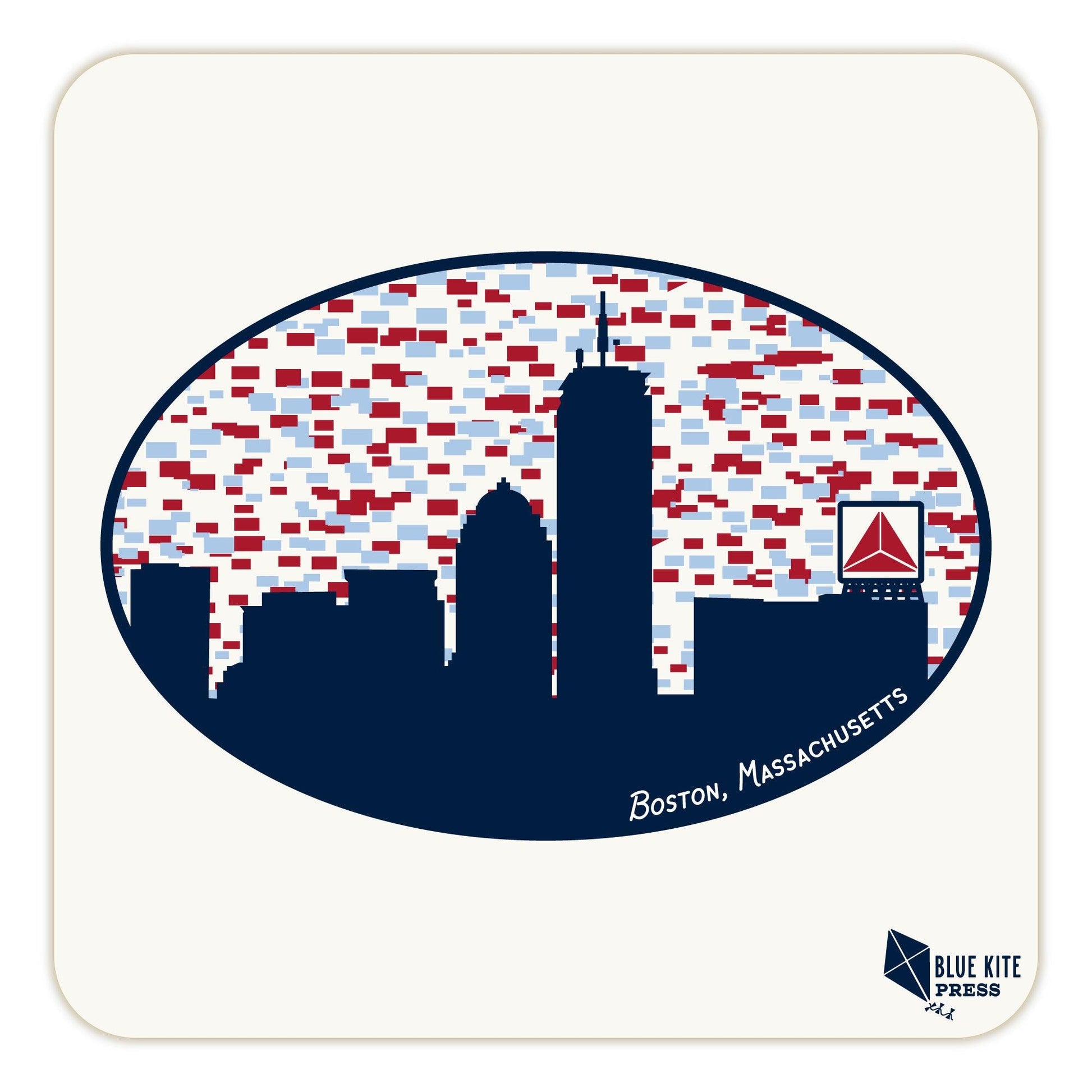 Boston skyline coaster featuring silhouette of city buildings against a backdrop of red and blue rectangles, with iconic Citgo sign visible. Text reads &quot;Boston, Massachusetts&quot; and Blue Kite Press logo in corner.