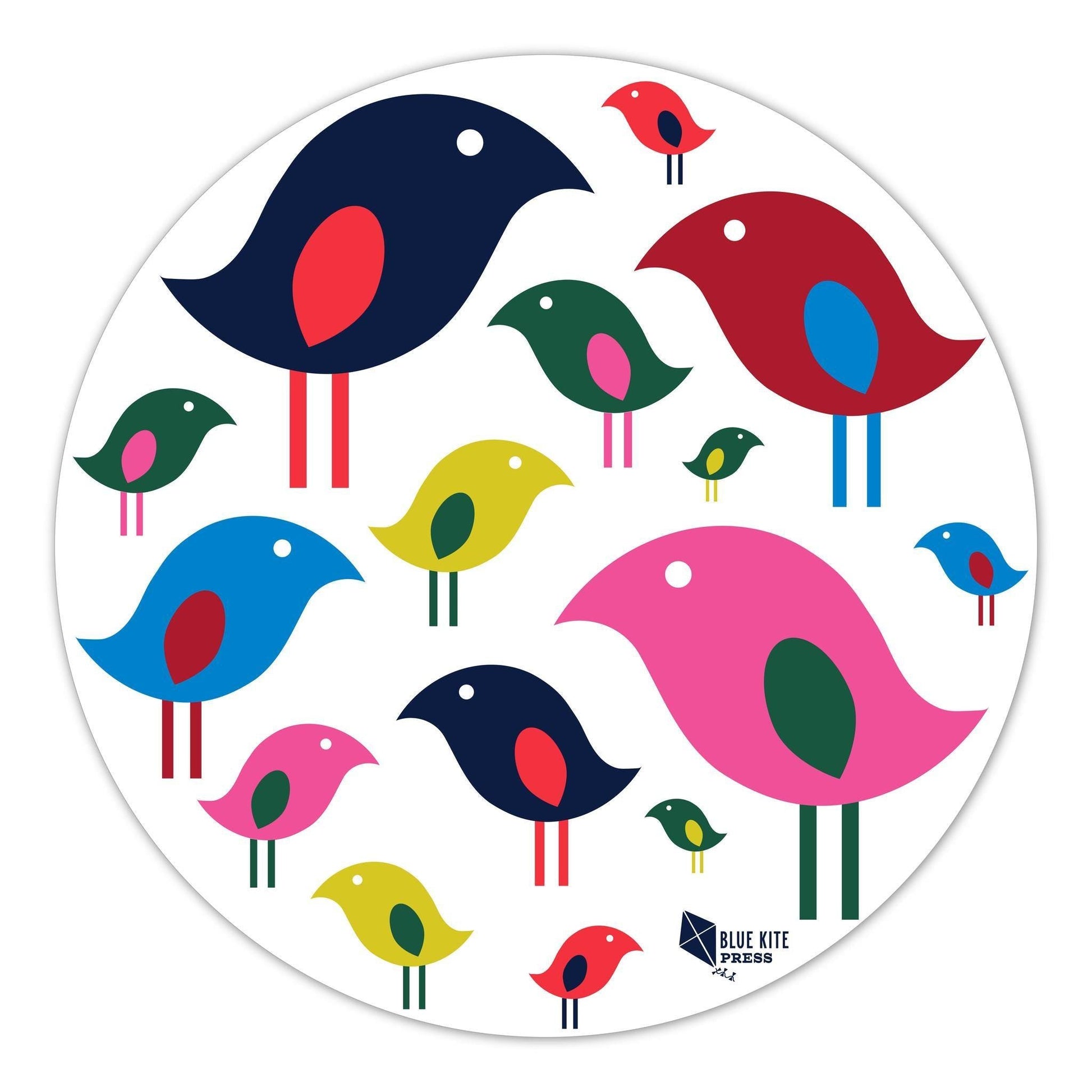 Colorful modern bird flock sticker with stylized birds in various sizes and bright colors on a white circular background, perfect for decorating personal items