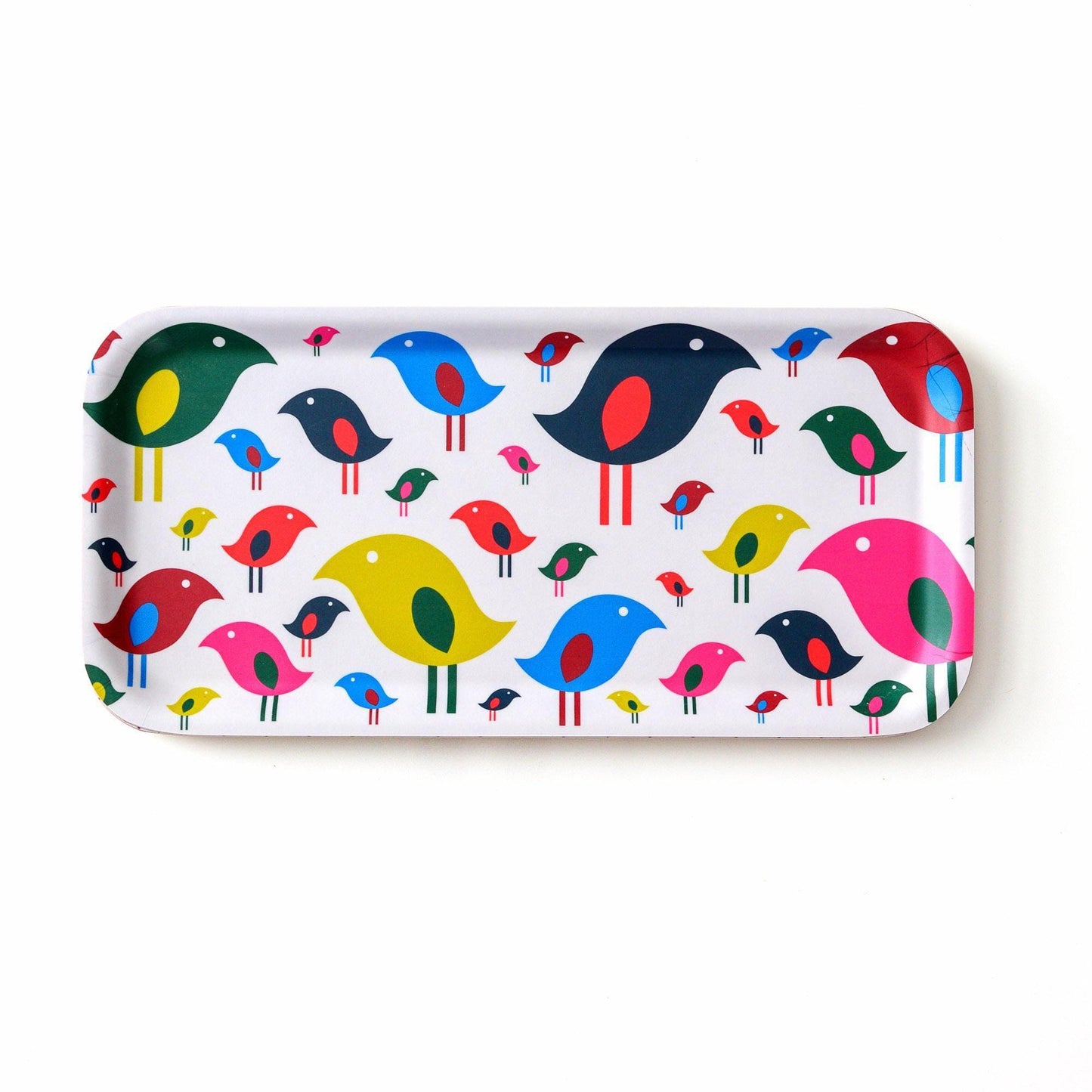 Colorful rectangular birch tray with modern bird flock design featuring stylized birds in various sizes and bright colors on a white background, perfect for serving snacks or adding a playful accent to home decor