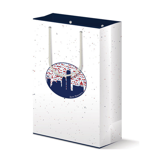 White gift bag with Boston skyline design featuring Citgo sign in navy blue and red, speckled background, navy top border, and handles