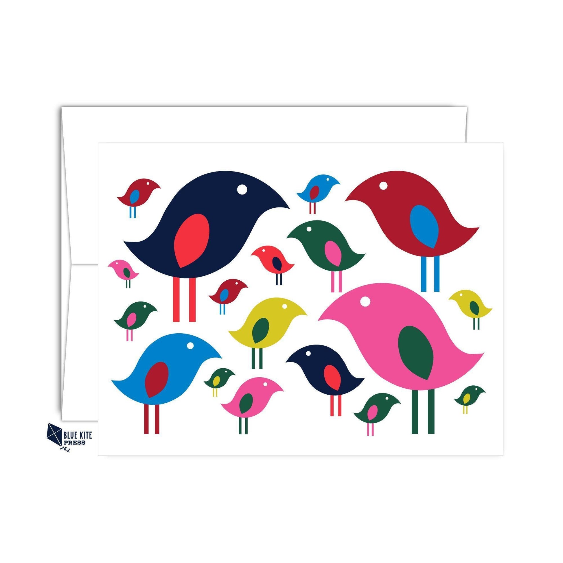 Colorful modern bird flock notecard design featuring stylized birds in various sizes and bright colors, including blue, red, pink, navy, and green, arranged on a white background with matching envelope