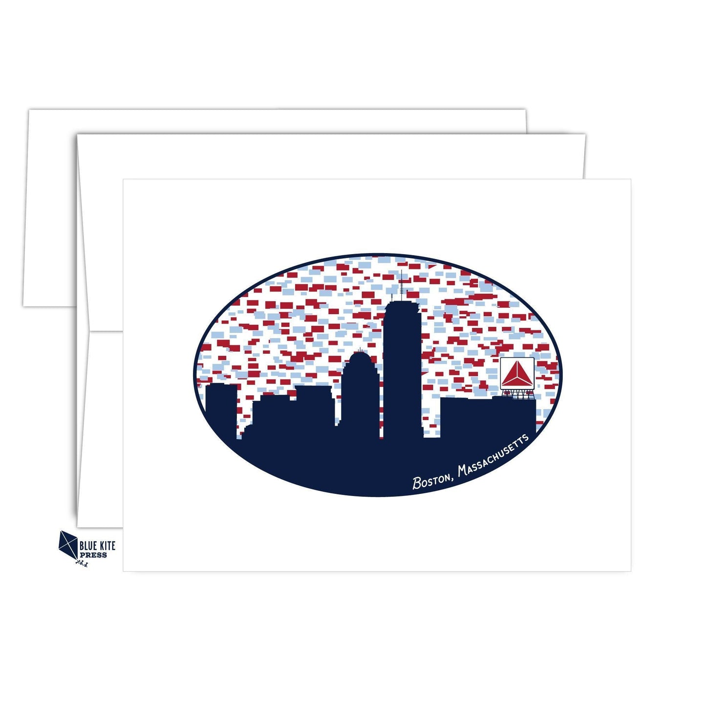 Boston skyline notecard featuring iconic Citgo sign silhouette against red and blue patterned background, set in oval shape. White envelope visible behind card. Blue Note Press logo in corner.