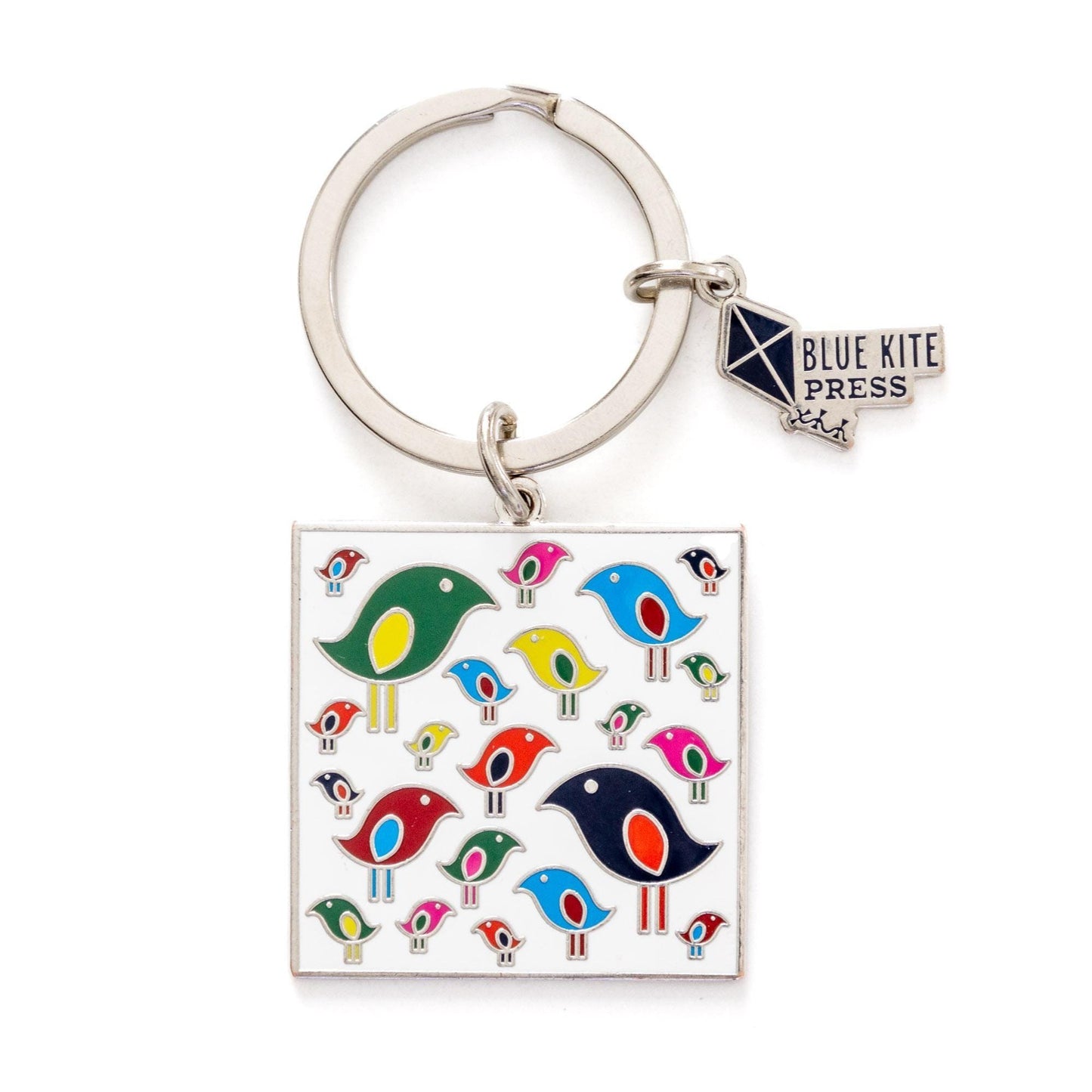 Silver keychain with colorful enamel charm featuring modern bird flock design in various sizes and colors. Includes small Blue Kite Press logo charm.