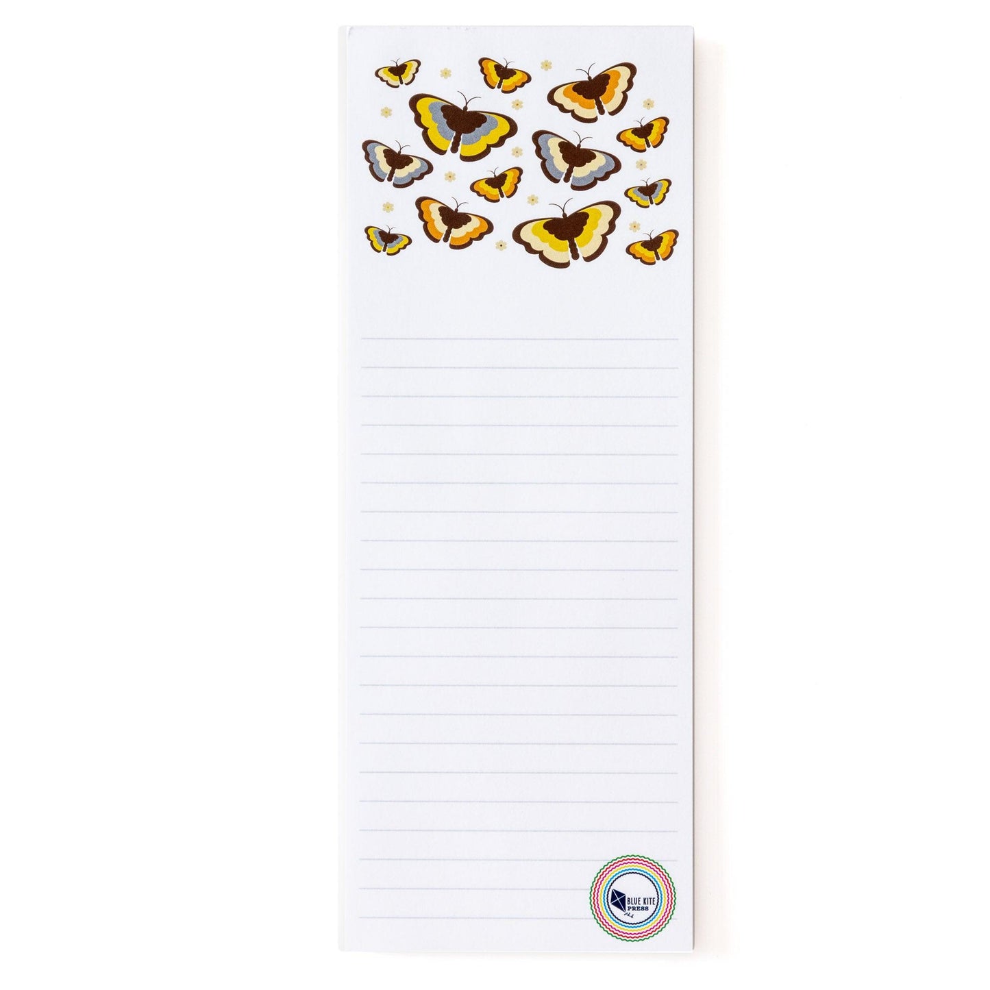 Retro-style notepad with yellow and brown butterfly pattern at top, lined white pages below, and colorful circular logo at bottom right corner