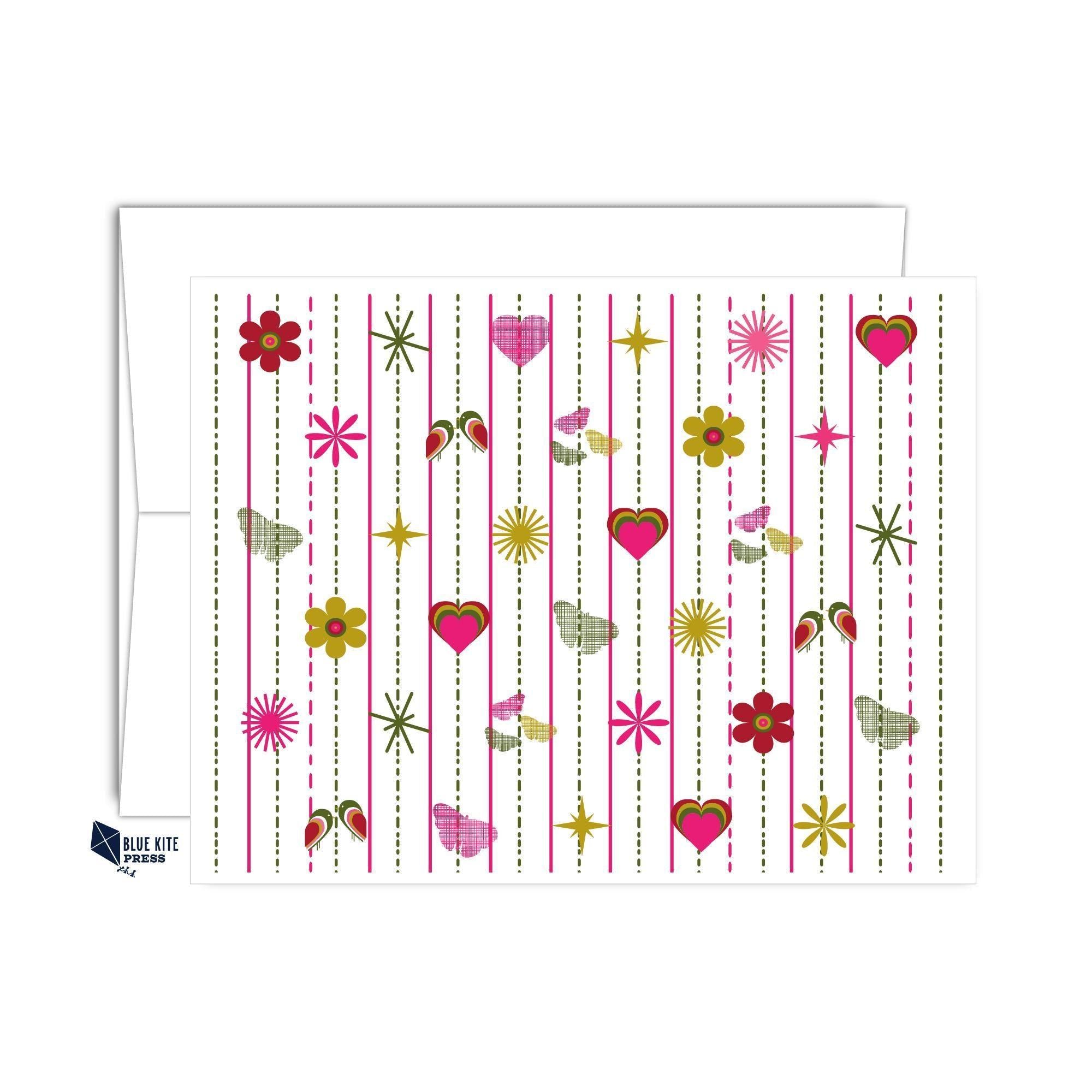 Pink Hearts & Flowers Notecard Set | Modern Pink and Green | 8 Notes and Envelopes | A2