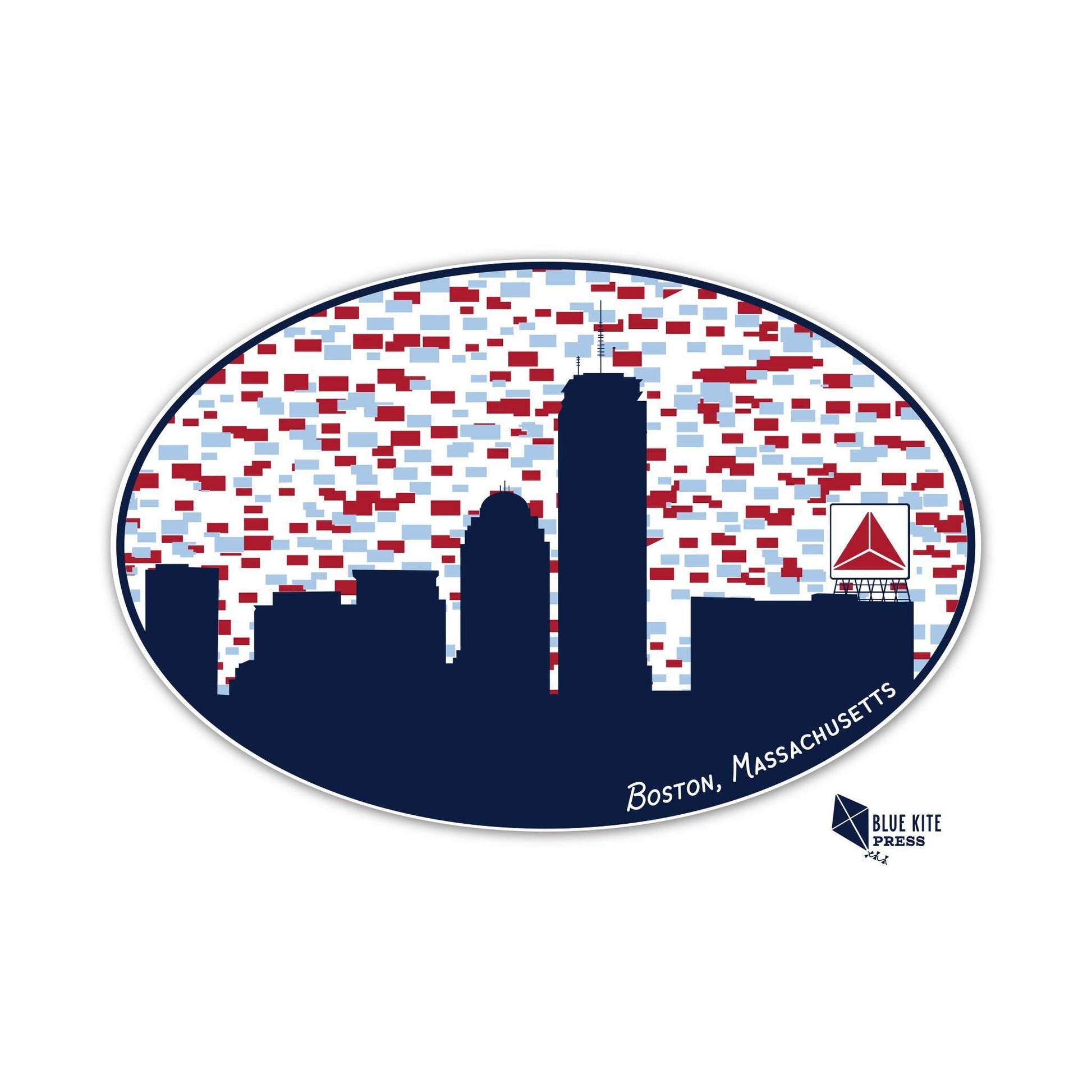 Boston skyline sticker featuring dark blue silhouette of city buildings against a background of red and white rectangular shapes, with iconic Citgo sign visible. Oval shape with &quot;Boston, Massachusetts&quot; text at bottom.