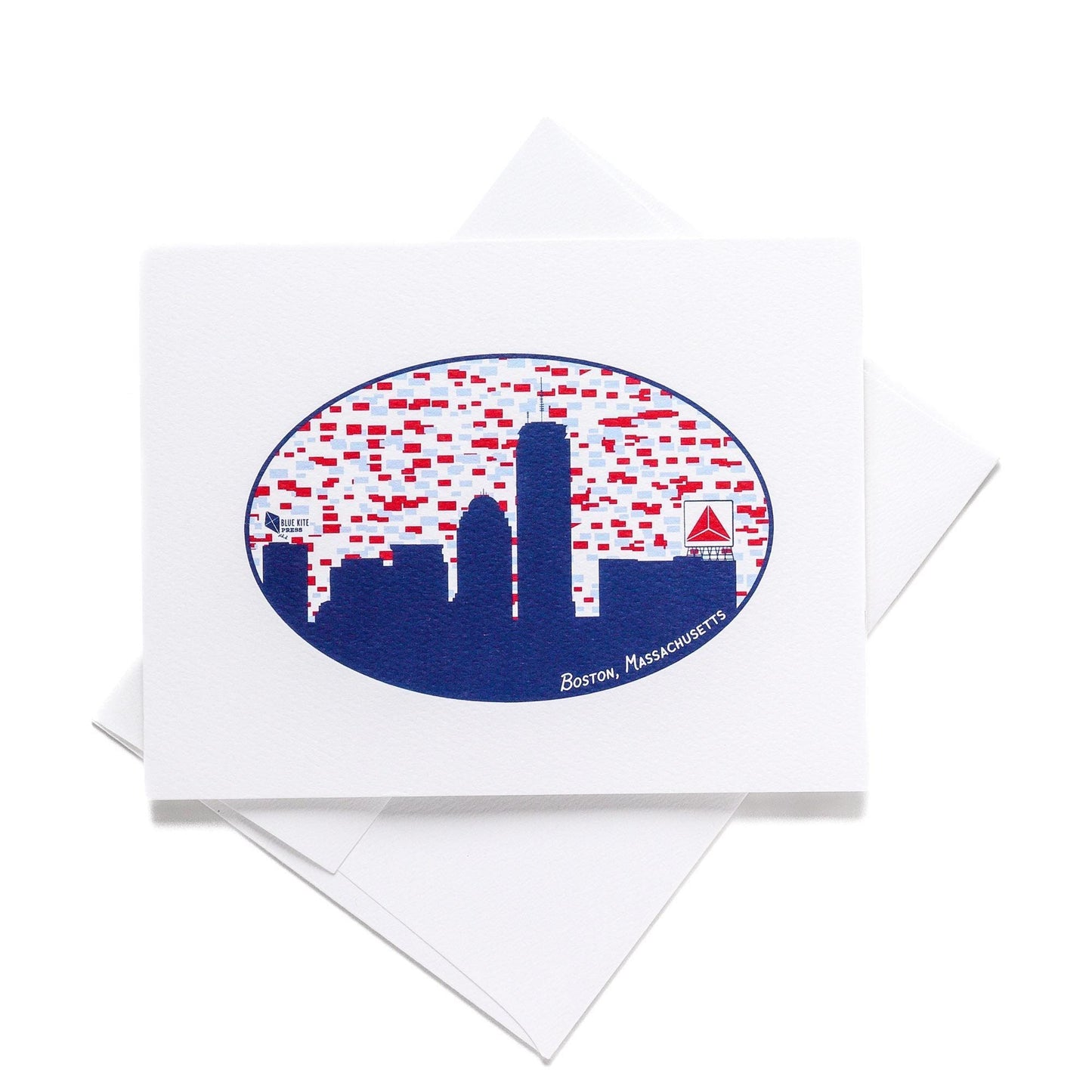 Boston skyline notecard featuring iconic Citgo sign silhouette against red and white pixelated background, oval design on white card with envelope, eco-friendly A2 size stationery for personal messages