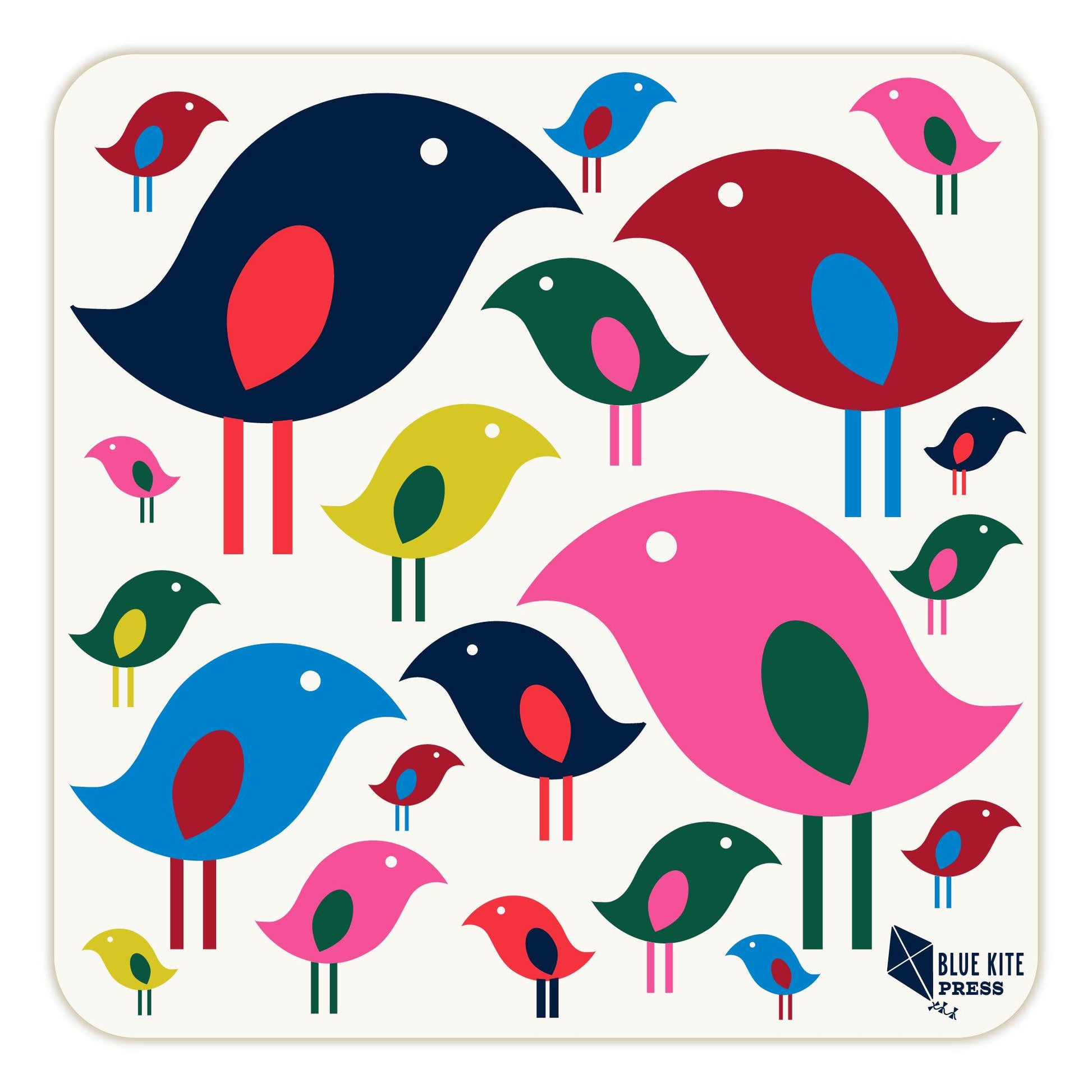 Colorful paper coaster featuring stylized birds in various sizes and bright colors, including blue, pink, red, green, and yellow, arranged in a modern, playful pattern on a white background