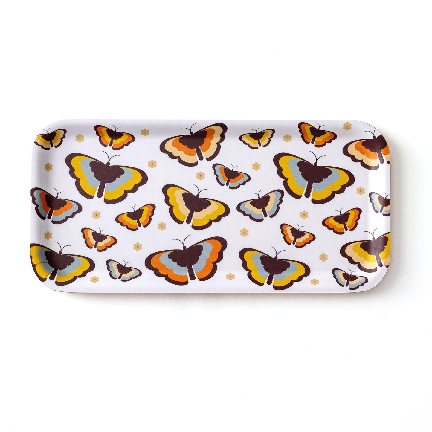 Retro-inspired birch tray with colorful butterfly pattern in orange, yellow, and brown. White background with small flower accents. Rectangular shape showcasing 70s aesthetic design for serving or decoration.