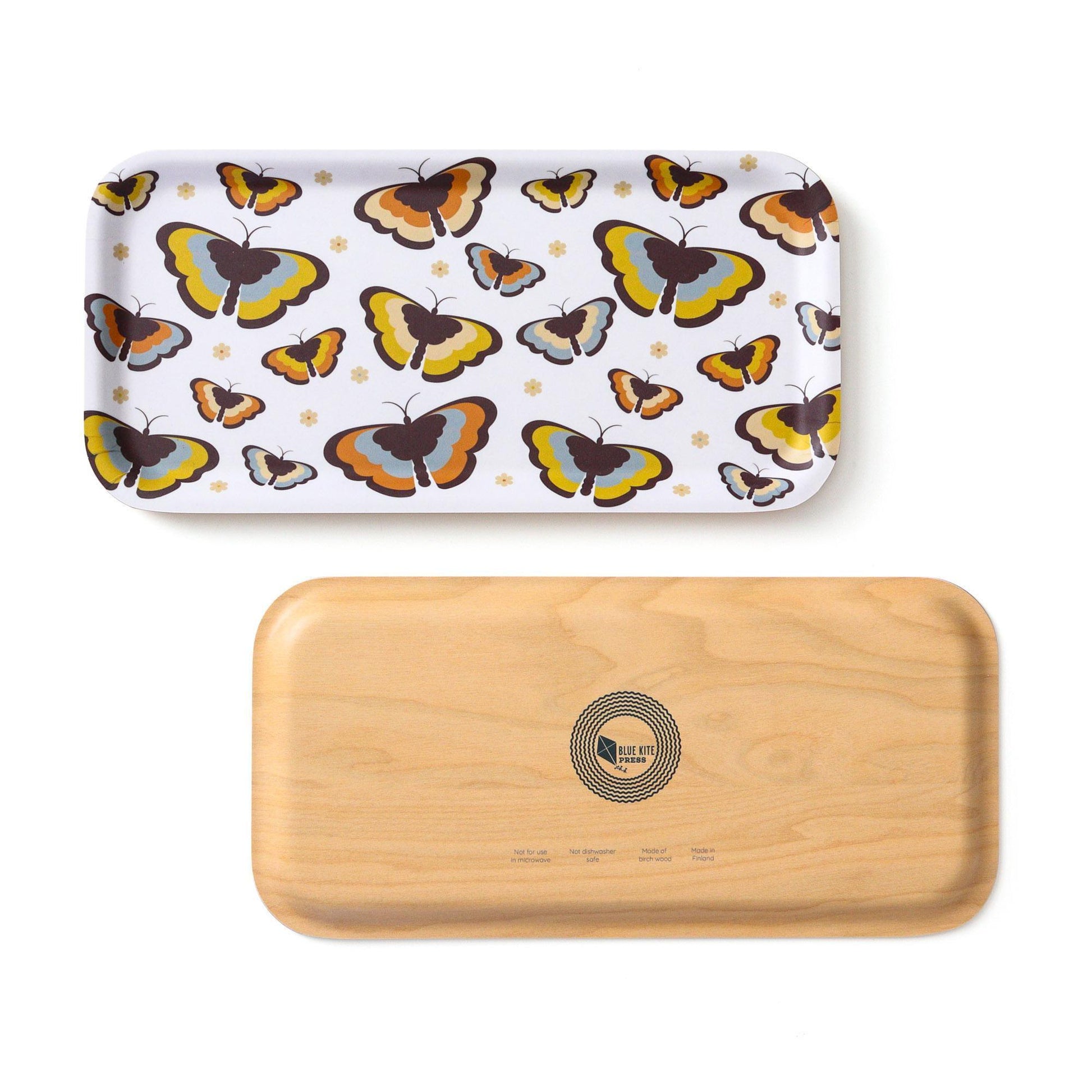 Retro 70s style birch tray with colorful butterfly pattern on white background, showcasing both decorative top and natural wood bottom with brand logo