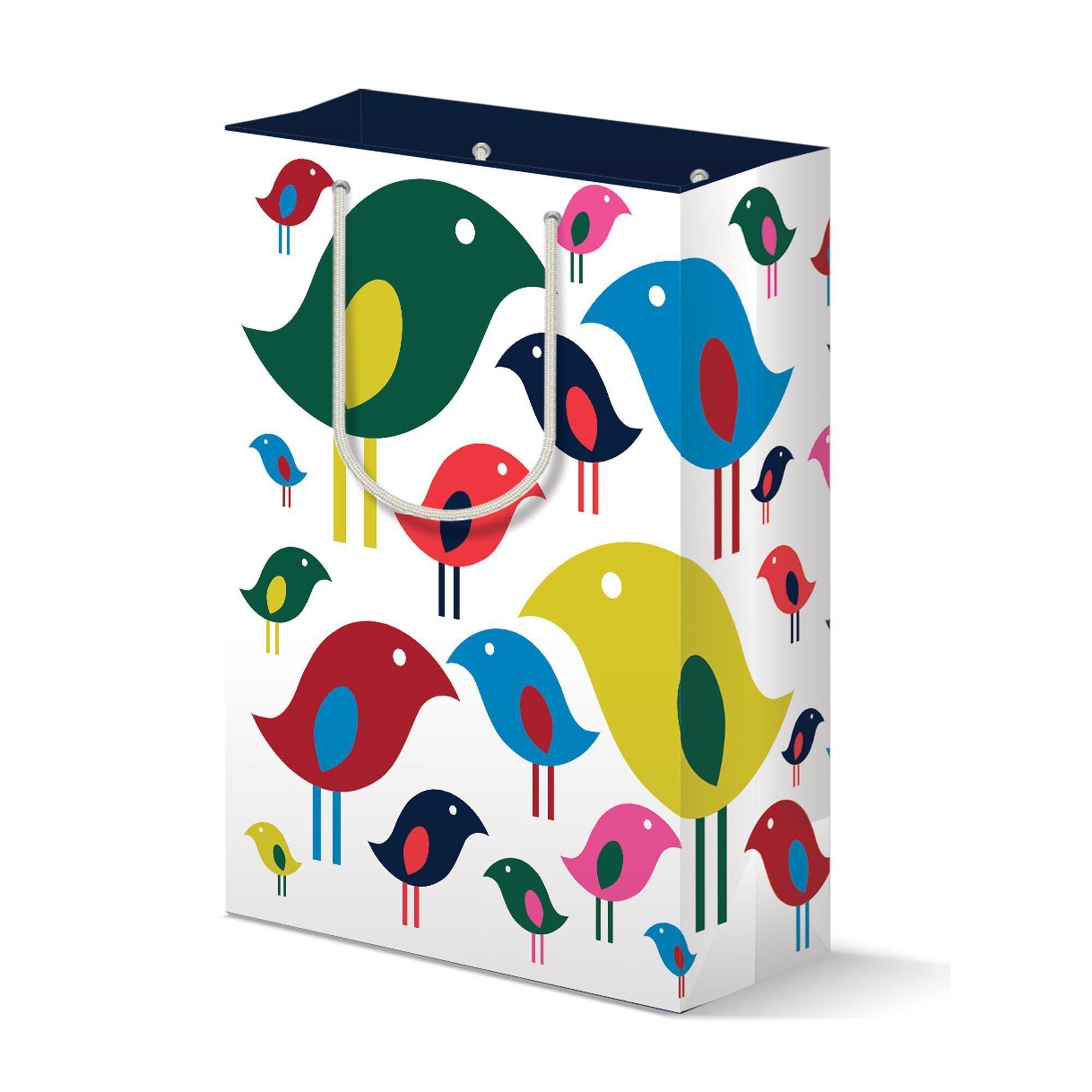 Colorful modern bird flock design gift bag with stylized birds in vibrant hues on white background, featuring a navy blue top edge and handle cutouts