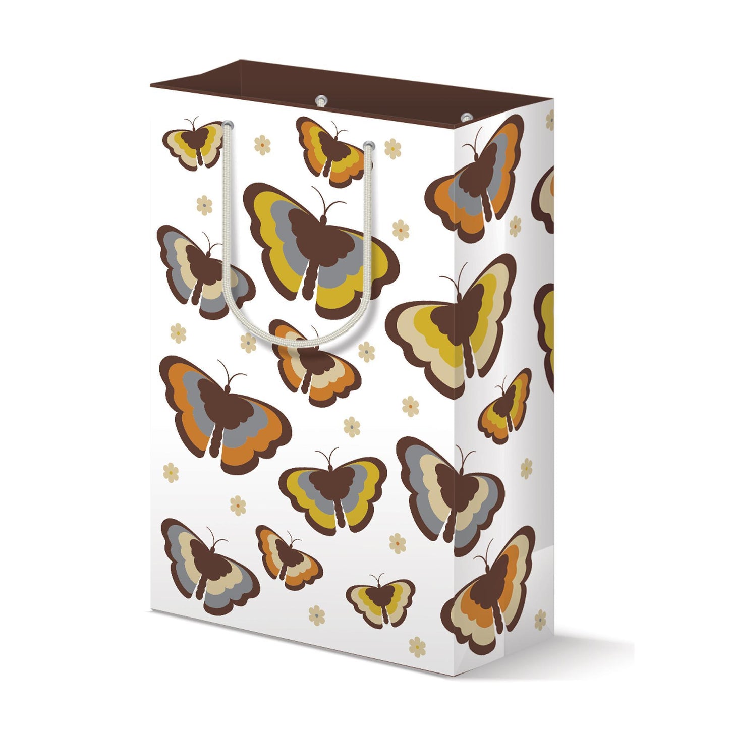 Retro-style gift bag with 70s-inspired butterfly pattern, featuring colorful butterflies in earthy tones and small floral accents on white background, with brown top edge