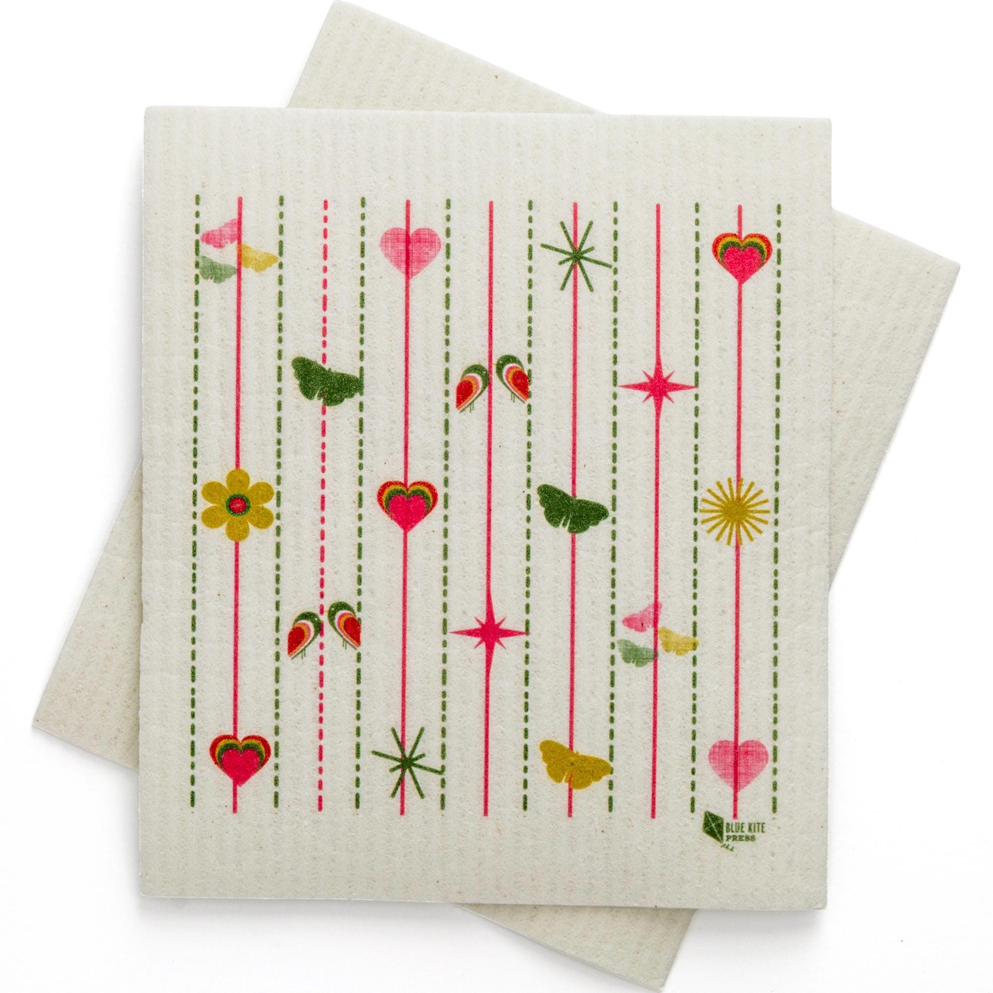 Pink Hearts & Flowers Swedish Dishcloth | Modern Pink and Green | Cellulose 6.75&quot;x8&quot;
