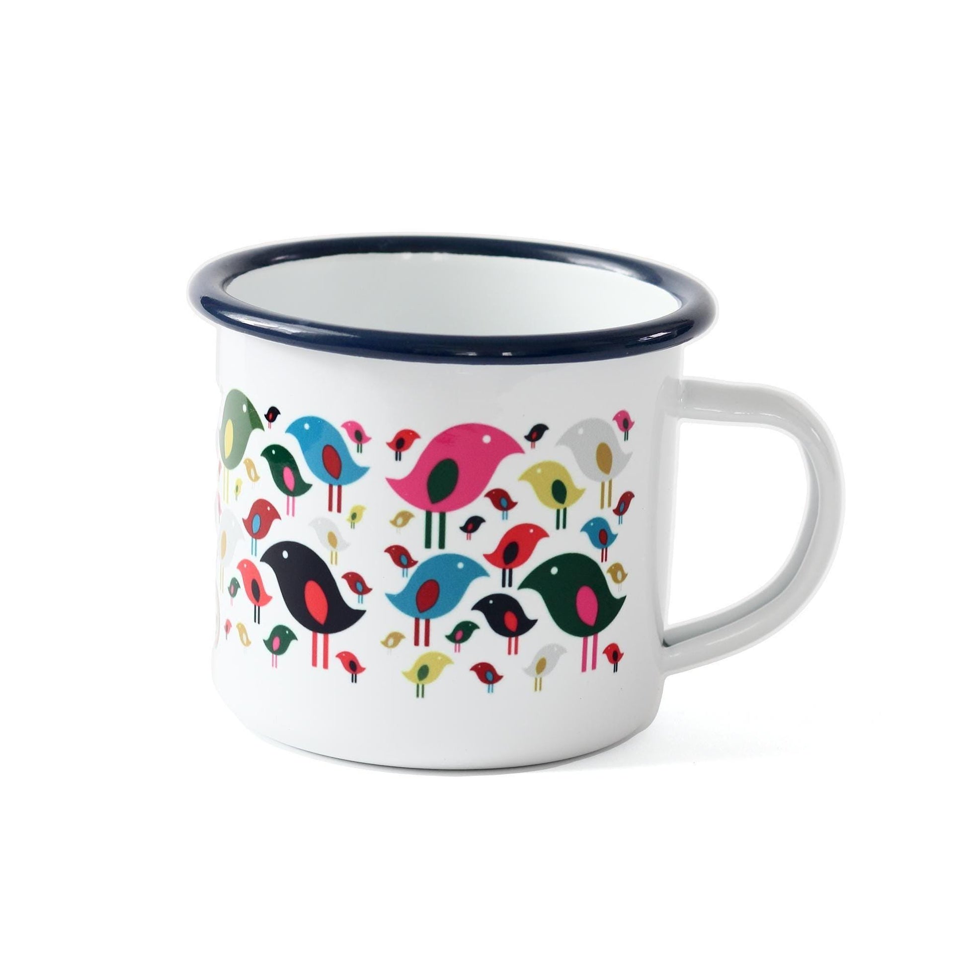 Bright Bird Enamel Mug featuring a colorful pattern of stylized birds in pink, blue, green, and yellow on white enamel, with a navy blue rim. The durable 12 oz camping-style mug displays a playful, modern design of whimsical birds in various sizes an