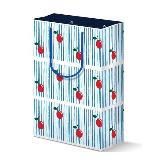 Modern gift bag with white background, blue vertical stripes, and red cherry pattern. Features navy blue top and blue handles. Sturdy matte paper construction suitable for various occasions.