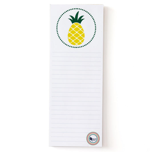 Modern yellow pineapple notepad with lined pages, featuring a stylish pineapple design in a dotted circle at the top. White background, 3x8 inches, ideal for notes and to-do lists.