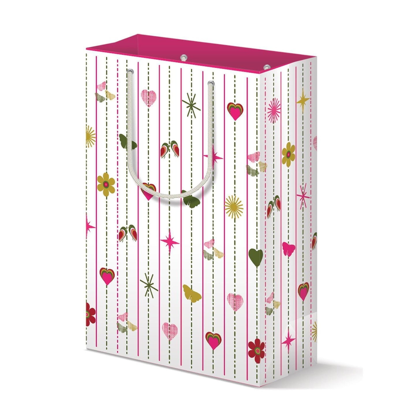 Modern pink gift bag with white background and vertical dotted lines, decorated with colorful hearts, flowers, and stars pattern. Pink top with handles for easy carrying.