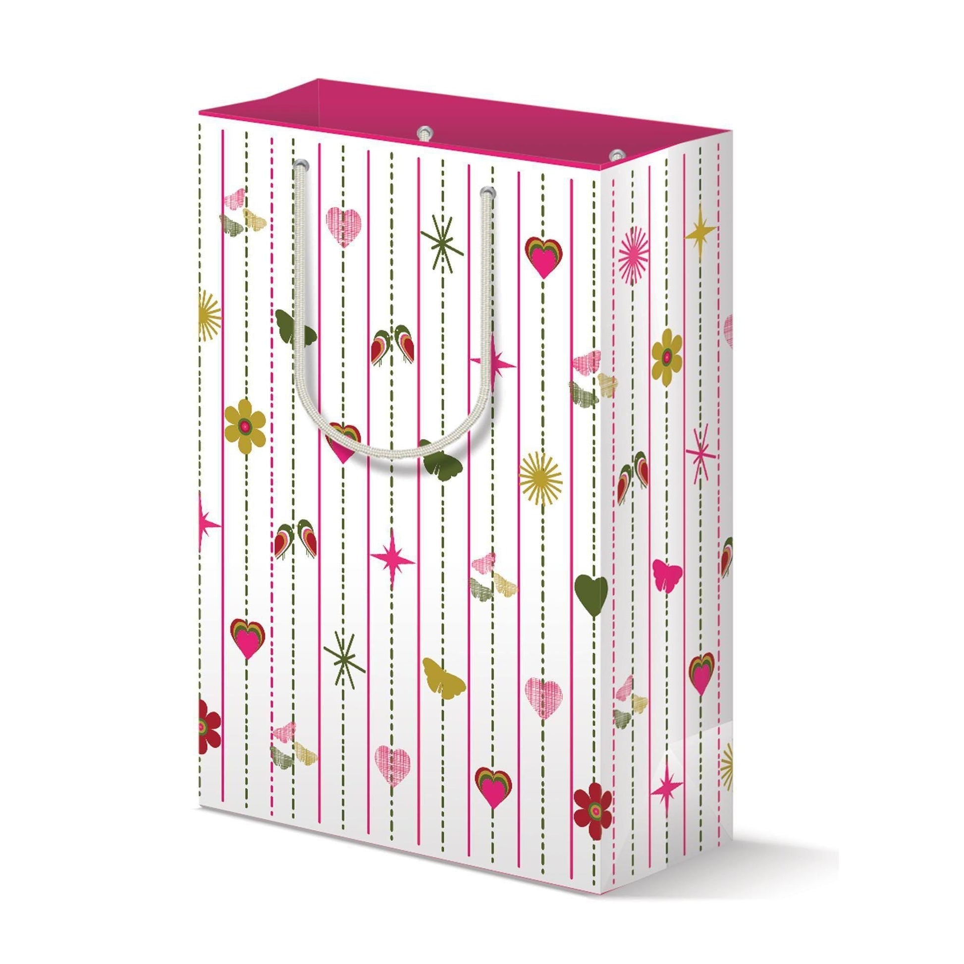 Modern pink gift bag with white background and vertical dotted lines, decorated with colorful hearts, flowers, and stars pattern. Pink top with handles for easy carrying.