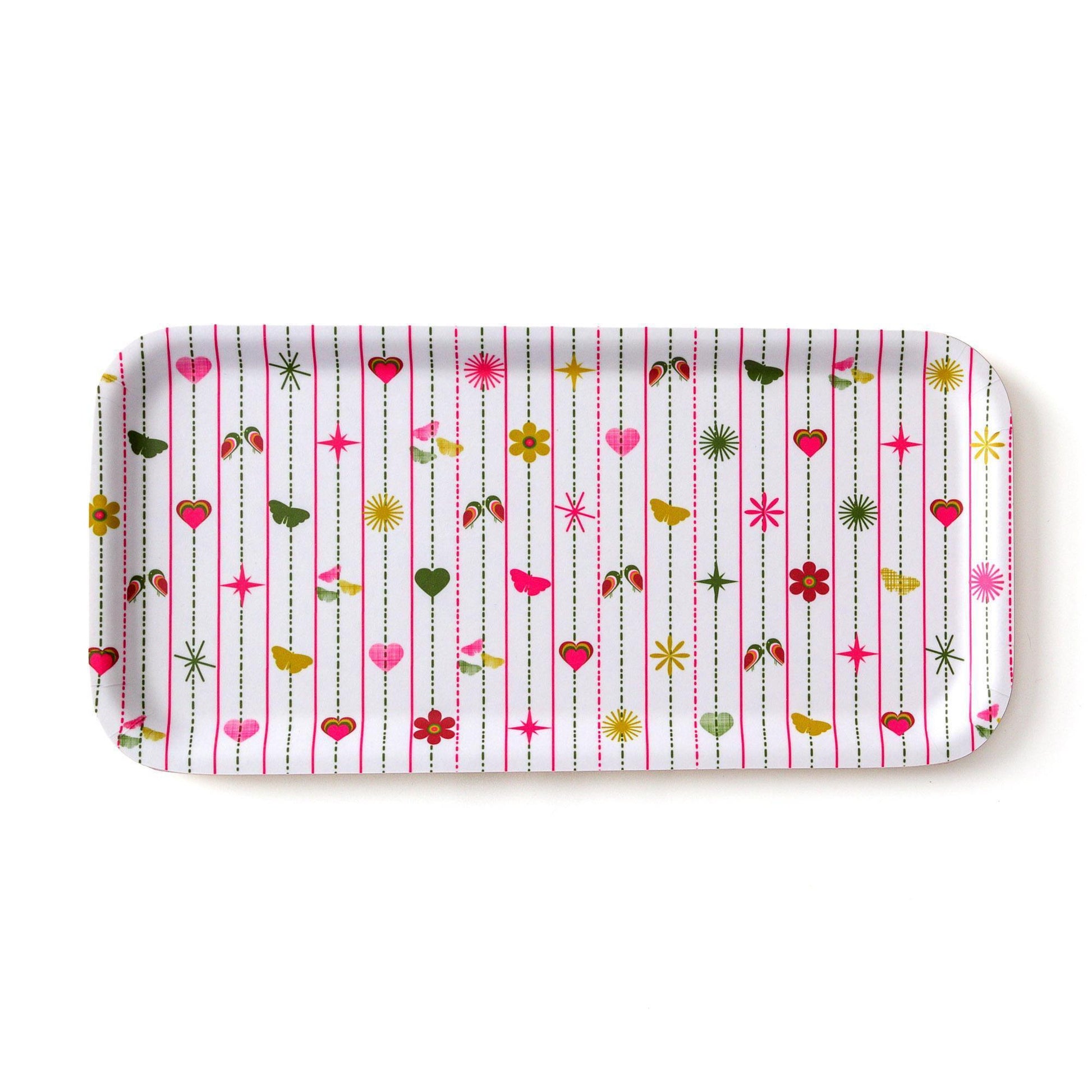 Pink Hearts & Flowers Birch Tray | Modern Pink and Green| Birch Veneer 11&quot;x5&quot;