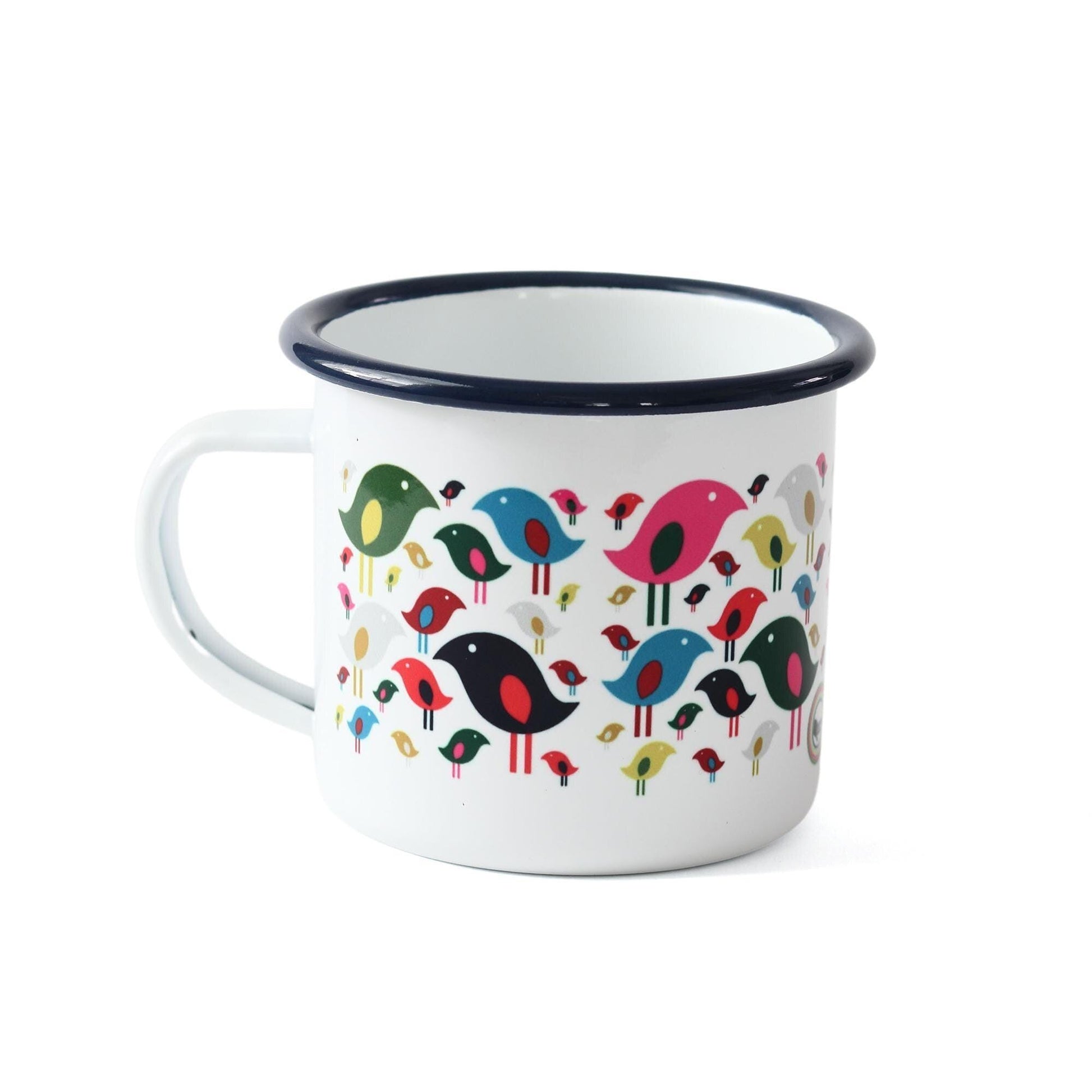 Bright Bird Enamel Mug featuring a playful pattern of colorful cartoon birds in blue, pink, green, and black arranged in rows against a white background, with navy blue rim on a classic camping-style enamel mug.