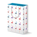 Stylish matte paper gift bag with colorful flamingo pattern, featuring pink and blue flamingos on white background. Turquoise top edge and white handles. Size 13"x9.6"x4.5".