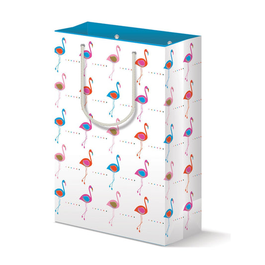 Stylish matte paper gift bag with colorful flamingo pattern, featuring pink and blue flamingos on white background. Turquoise top edge and white handles. Size 13&quot;x9.6&quot;x4.5&quot;.