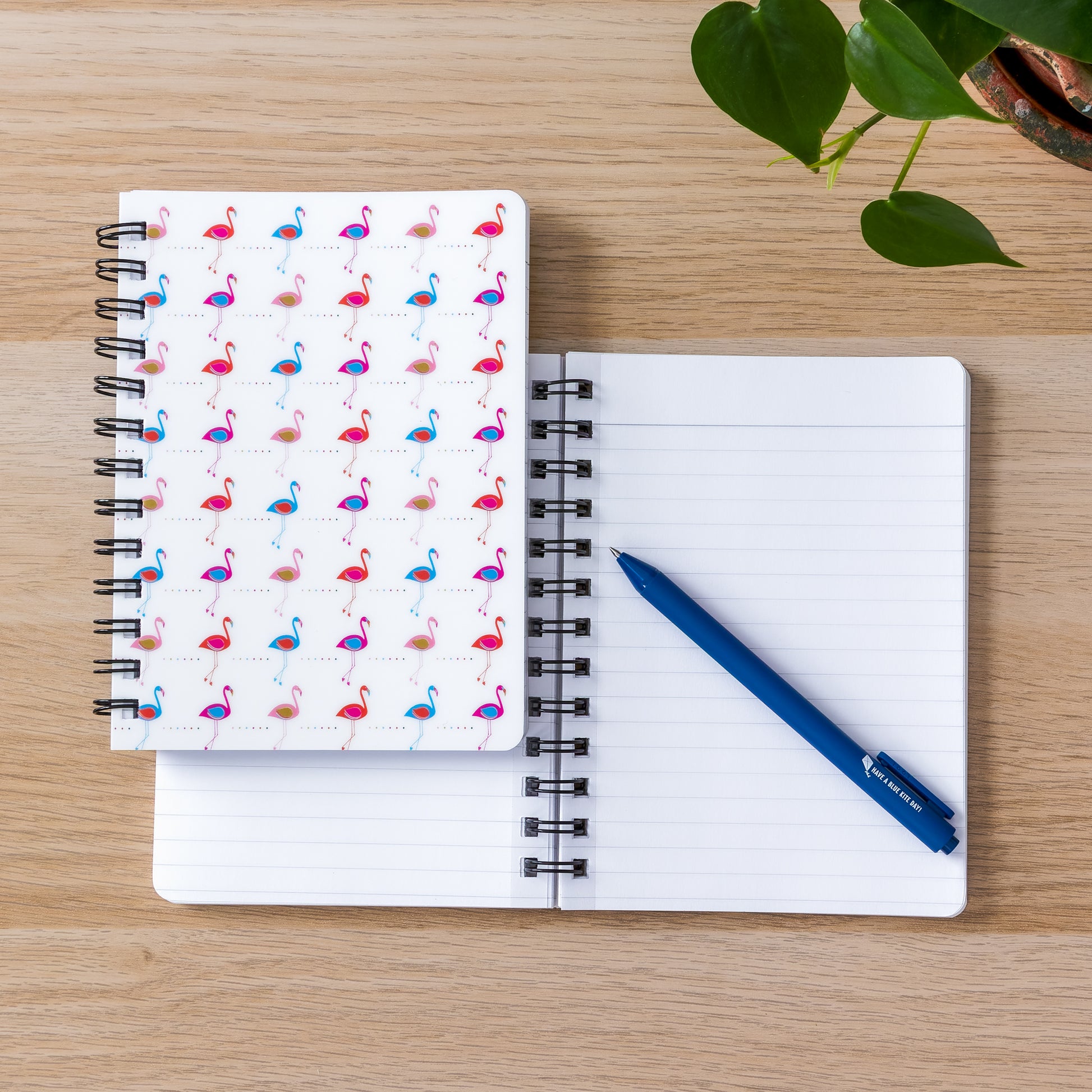 Stylish spiral-bound notebooks on wooden surface, one with modern pink and blue flamingo pattern, the other open with blank pages and blue pen. Green plant leaves in corner.