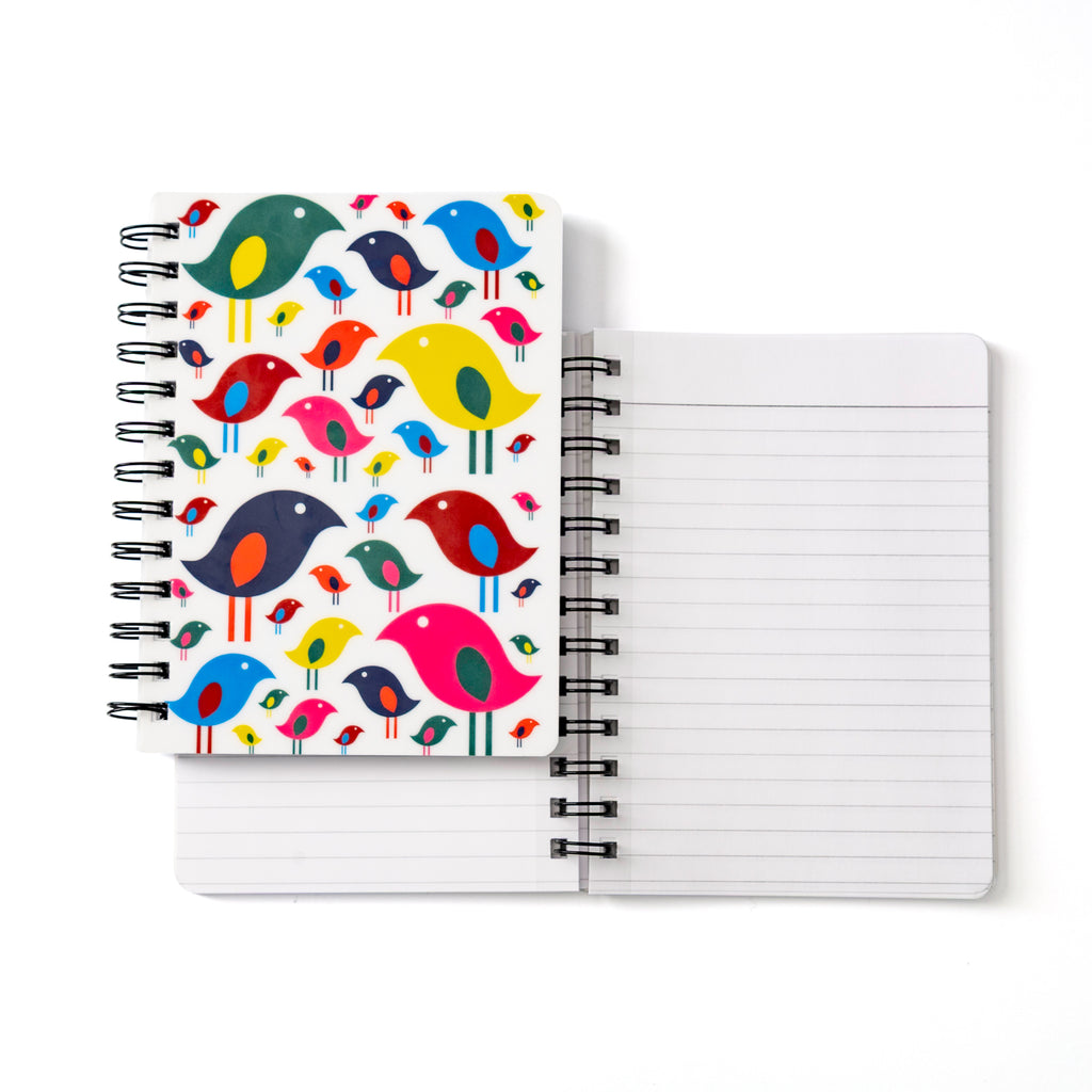 Bright Bird Notebook with colorful modern bird design and 5x7 spiral-bound lined pages, perfect for notes and ideas.