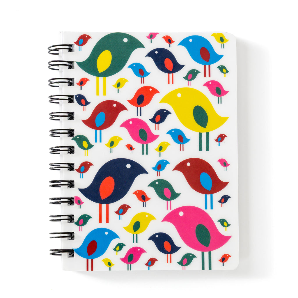 Bright Bird Notebook with modern colorful birds design, 5x7 spiral-bound lined notebook for joyful note-taking.